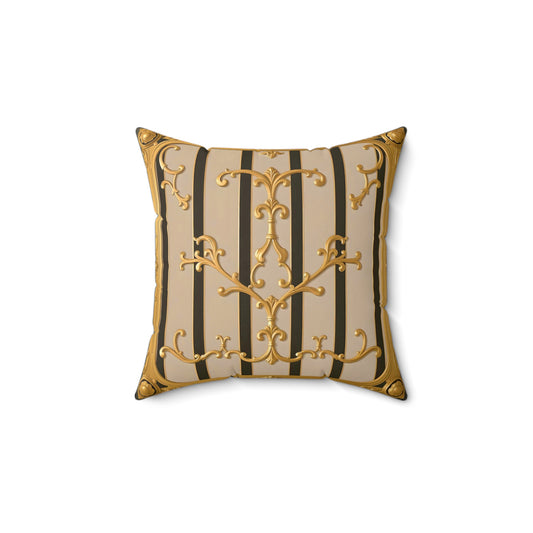 Elegant Neoclassical Square Pillow | Gold Accents, Home Decor, Gift for Him/Her, Luxury Cushion, Living Room Accent - Beige Striped Gold Rococo