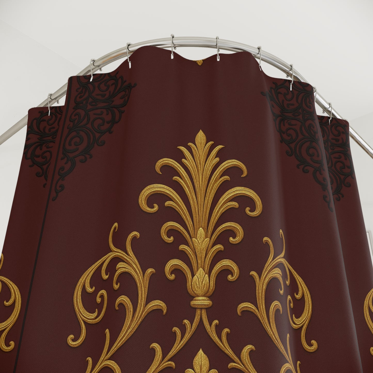 Dusk Burgundy-Black & Gold Baroque Shower Curtain — Elegant Gold Baroque Pattern on Burgundy