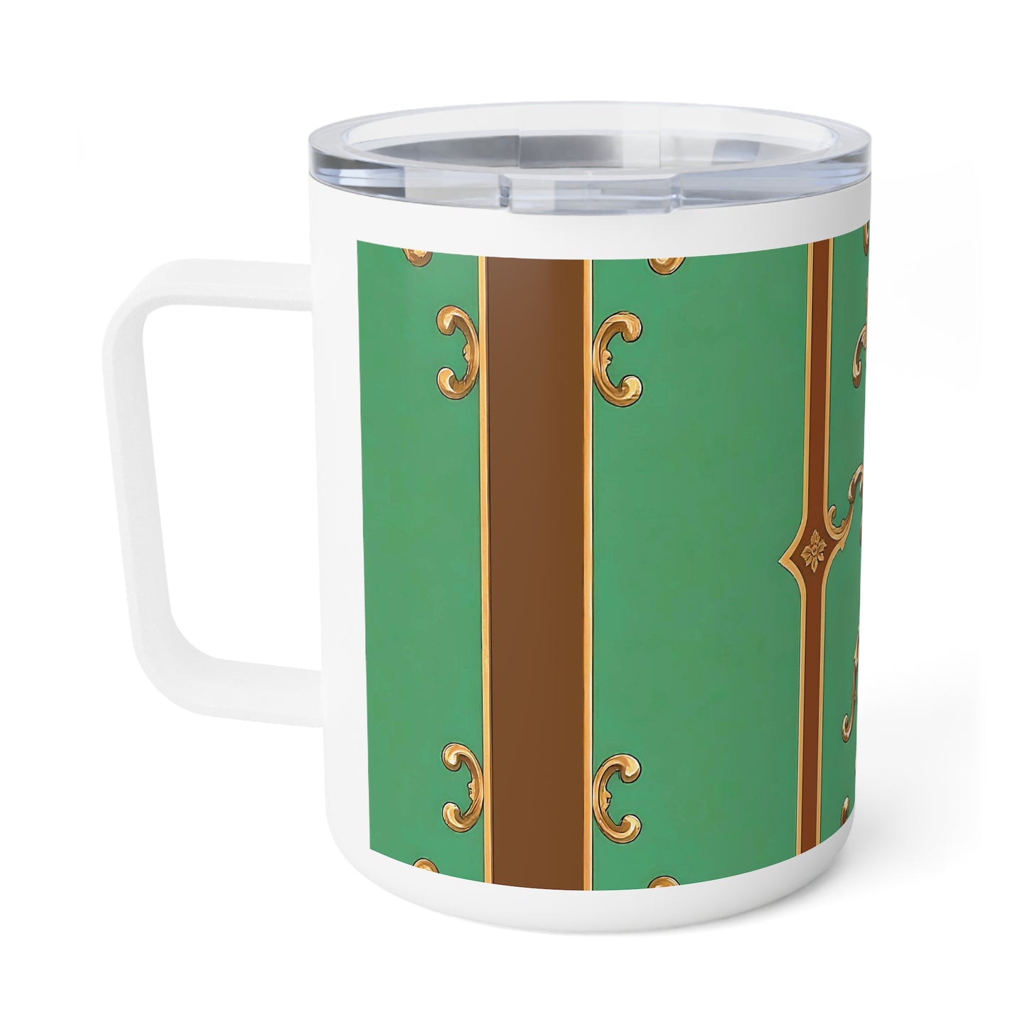 Elegant Vintage Insulated Coffee Mug - 10oz Green & Gold Design - Rust & Green Striped Baroque