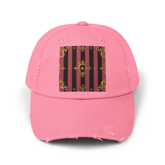 Chic Black & Mauve Striped Gold Baroque Distressed Cap, Trendy Hat, Vintage Style Cap, Gift for Him/Her, Casual Accessory