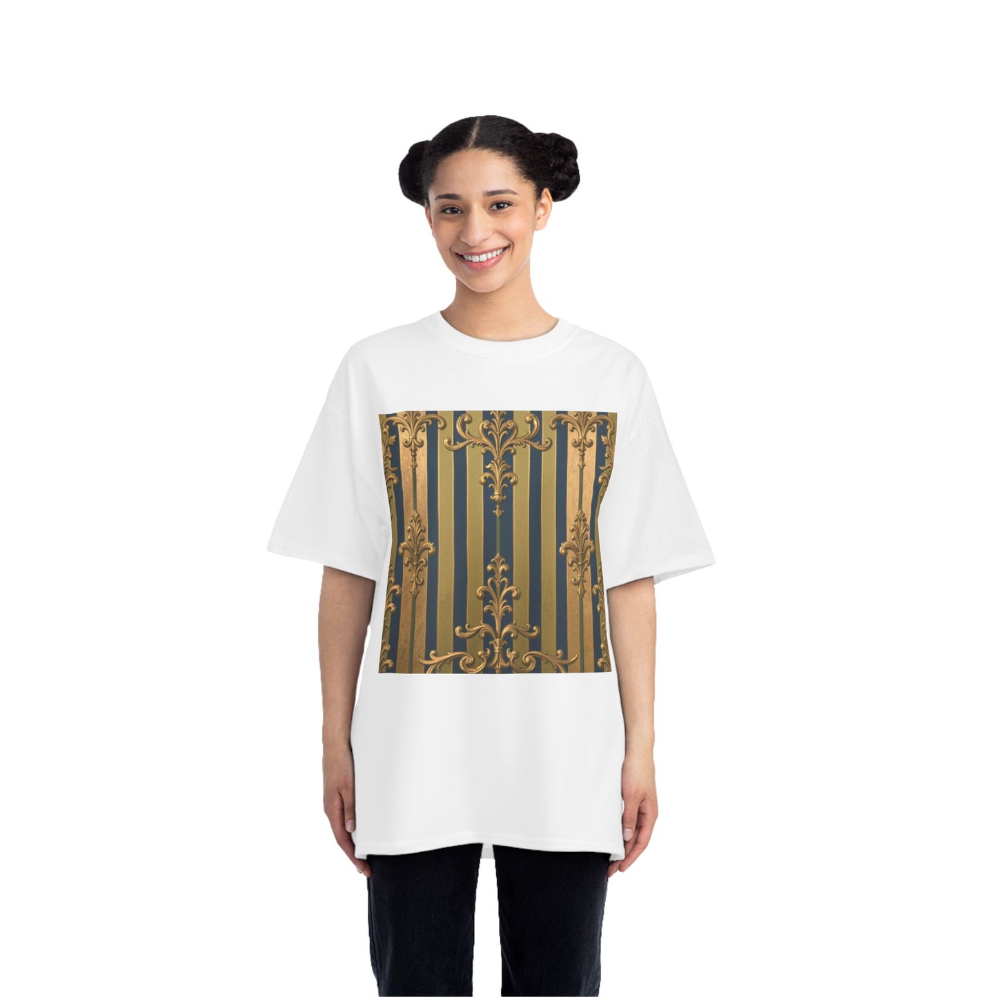 Elegant Midnight Blue & Olive Striped Gold Baroque Short-Sleeve Unisex T-Shirt, Vintage Fashion Tee, Casual Summer Top