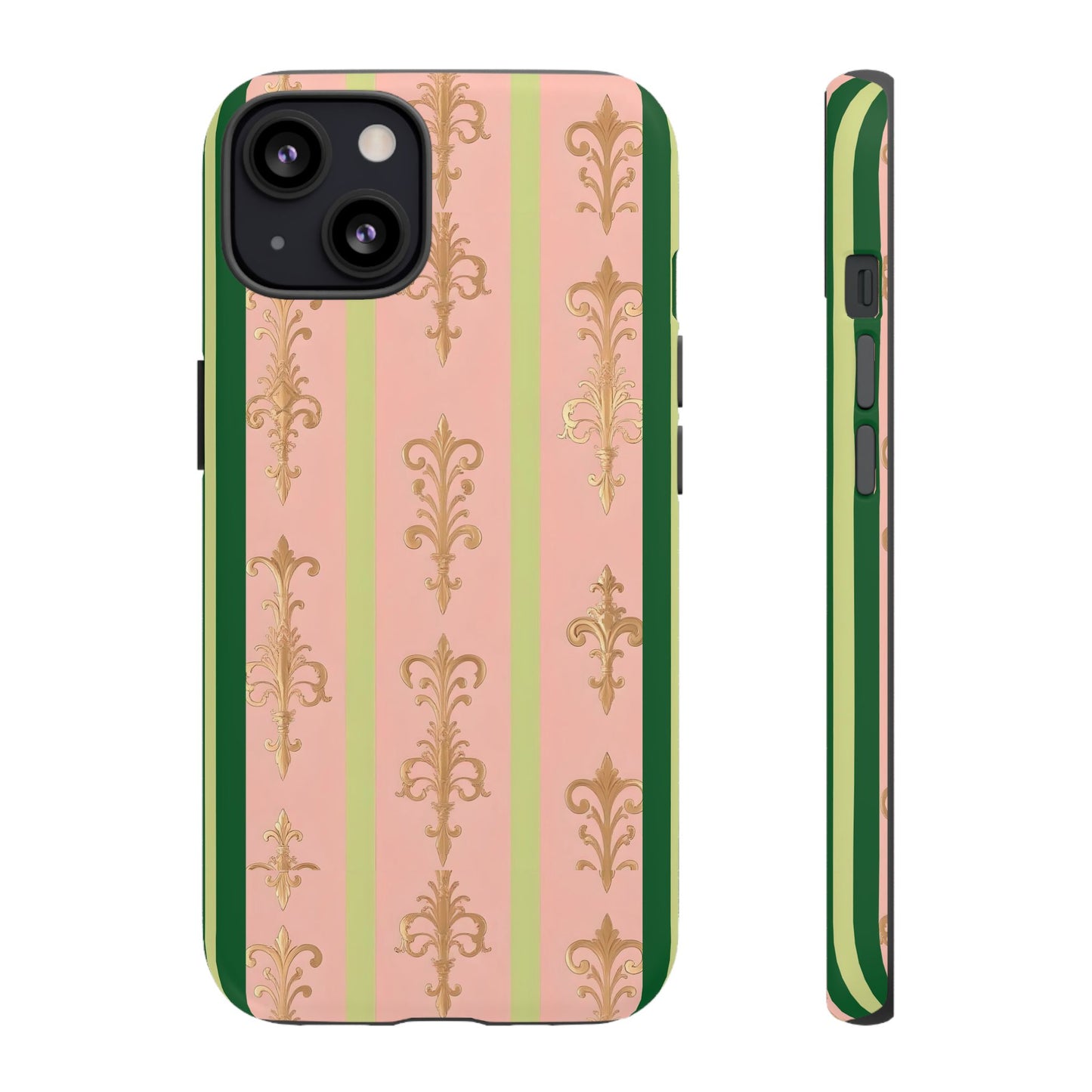 Elegant Floral Motif Phone Case - Tough Cases with Vintage Design - Lime Green & Pink Striped Damask