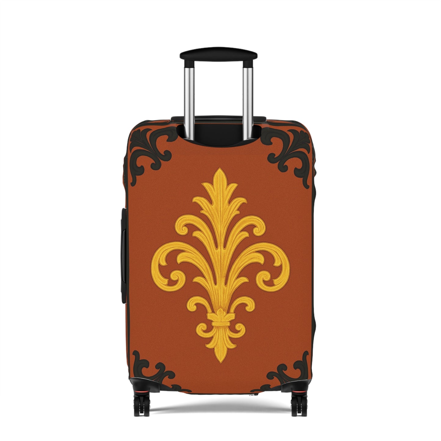 Dusk Terracotta Baroque - Vintage Gold Baroque Design Luggage Cover — Elegant Golden Scroll Travel Protector
