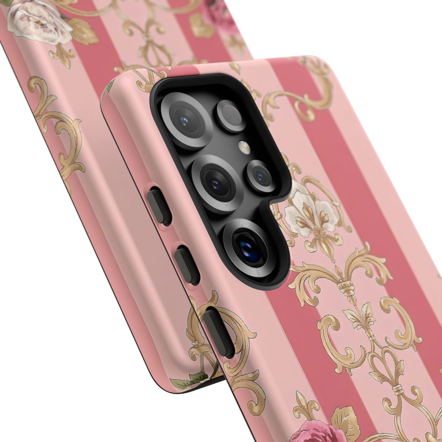 Elegant Floral Motif Phone Case - Tough Cases with Vintage Design - Pink Striped Roses & Damask