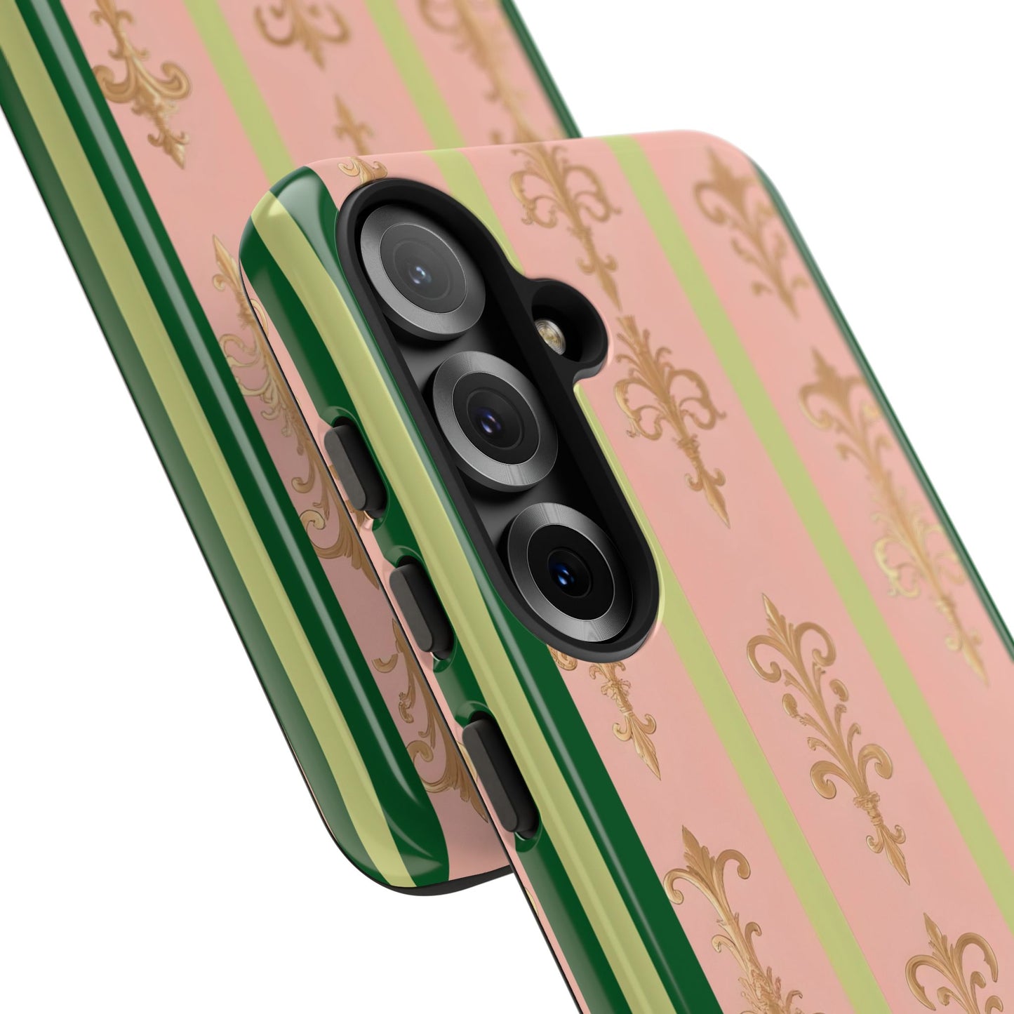 Elegant Floral Motif Phone Case - Tough Cases with Vintage Design - Lime Green & Pink Striped Damask