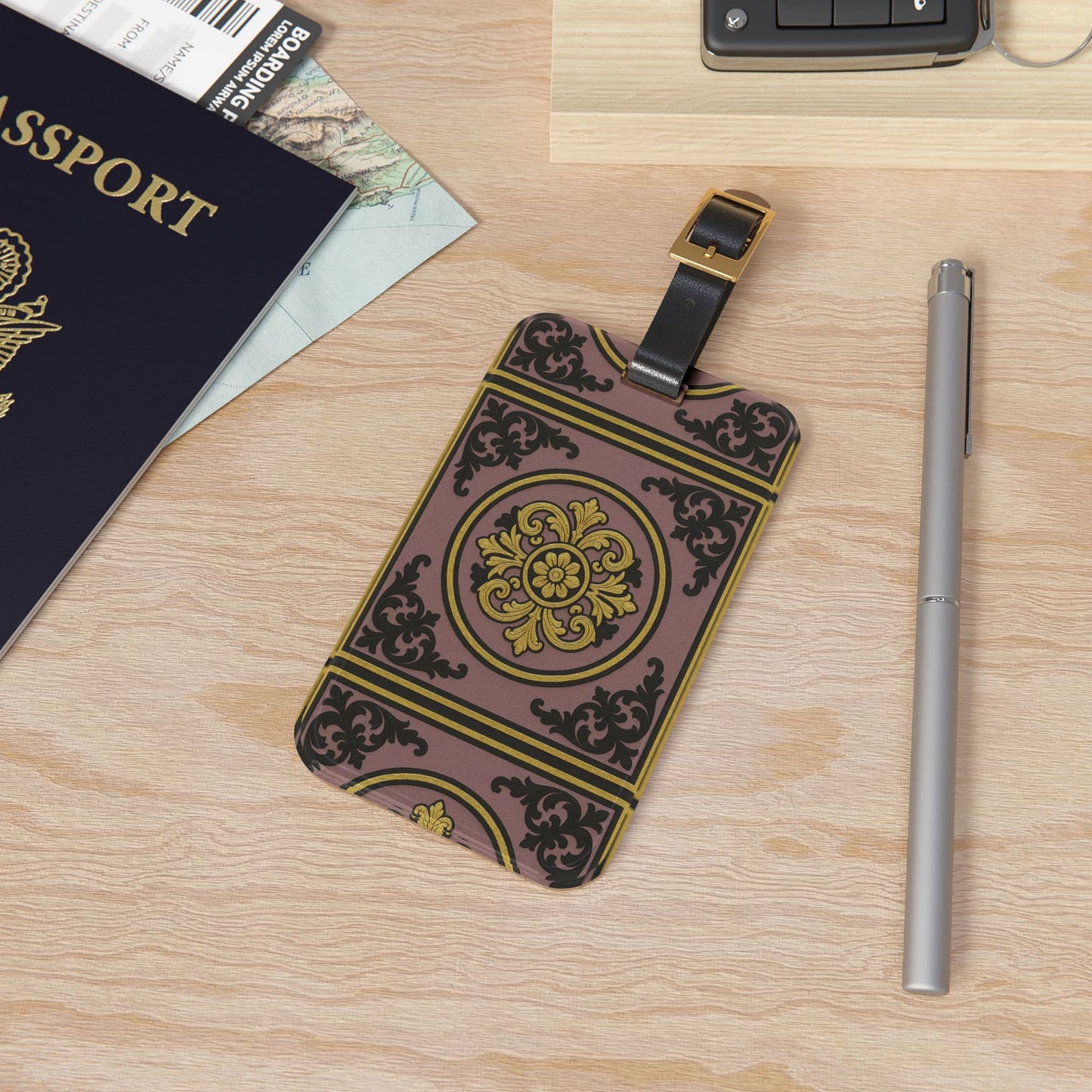 Chic Gilded Mauve With Gold-Black Baroque Vintage Luggage Tag, Elegant Travel Accessory, Personalized Gift for Travelers, Holiday Travel Gear