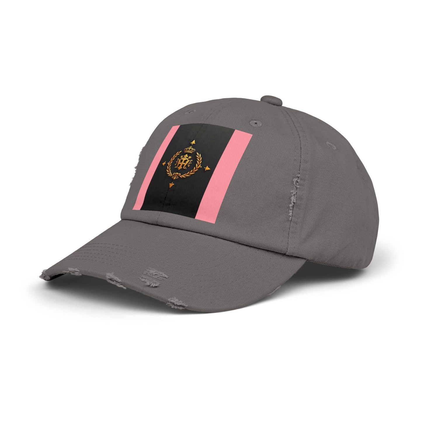 Stylish Unisex Distressed Cap with Trendy Design, Casual Accessories for Everyday Wear, Fashion Statement Cap - Pink Striped Gold Crest