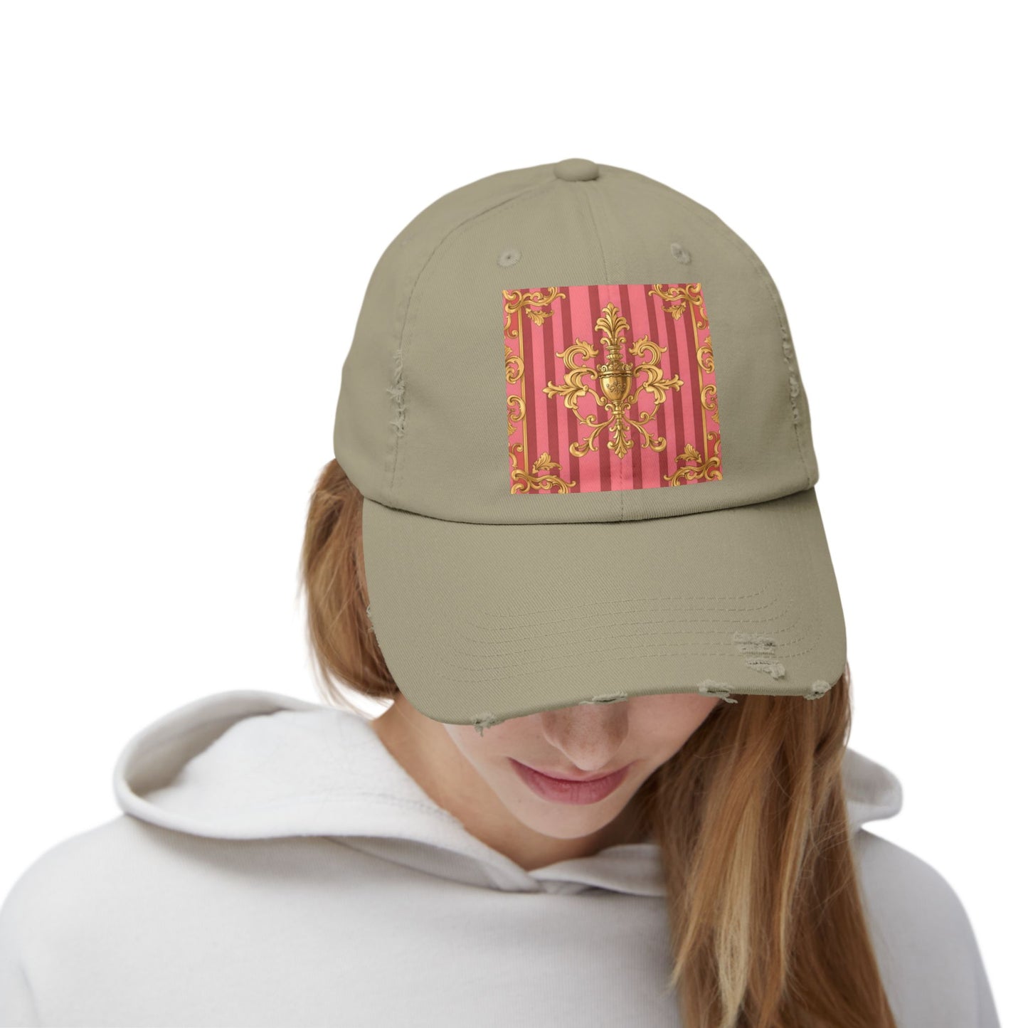 Chic Distressed Unisex Cap - Trendy Accessories for Style Lovers, Everyday Wear, Fashion Statement, Birthday Gift - Pink Striped Gold Baroque