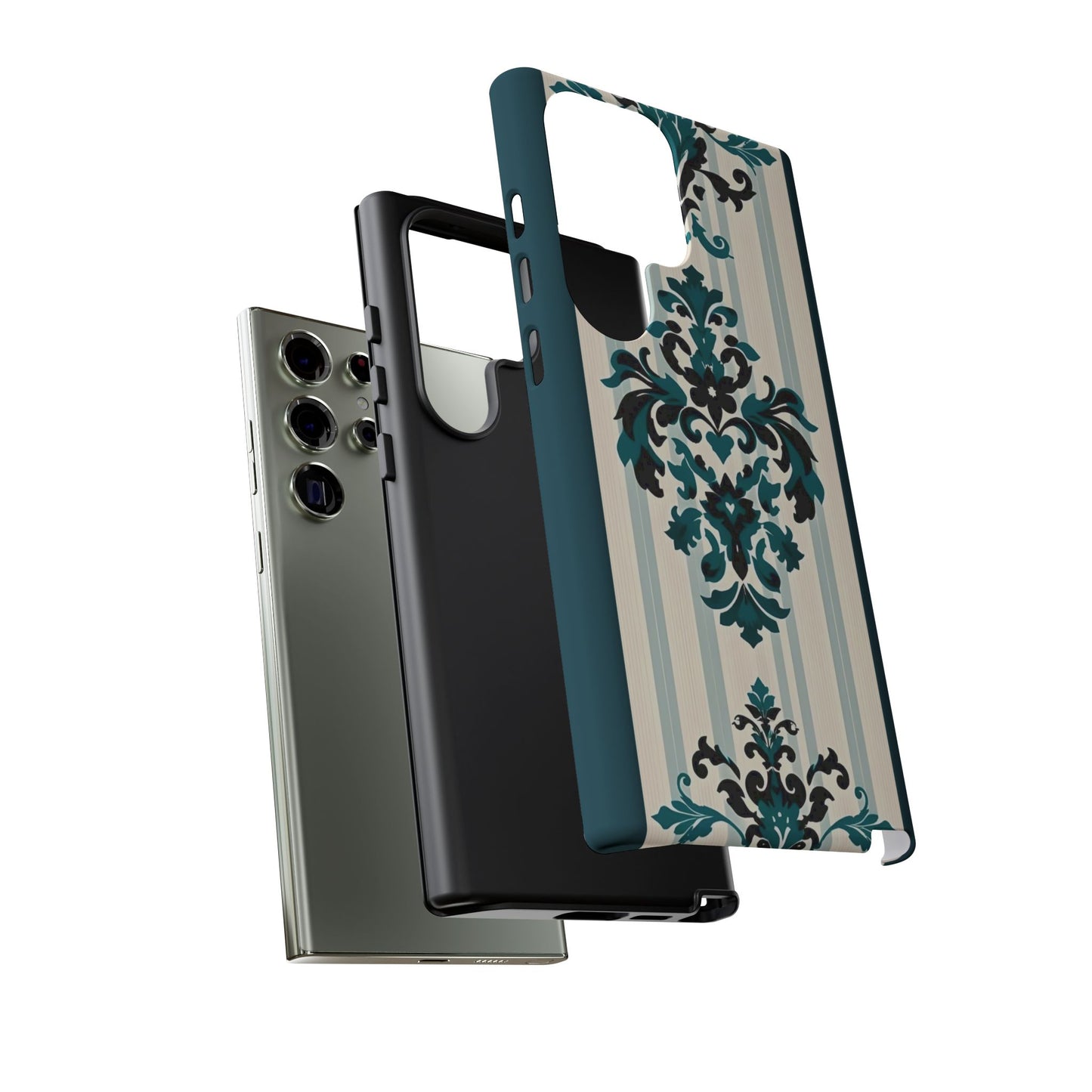 Elegant Floral Phone Case - Tough Cases with Vintage Design - Teal Striped Damask