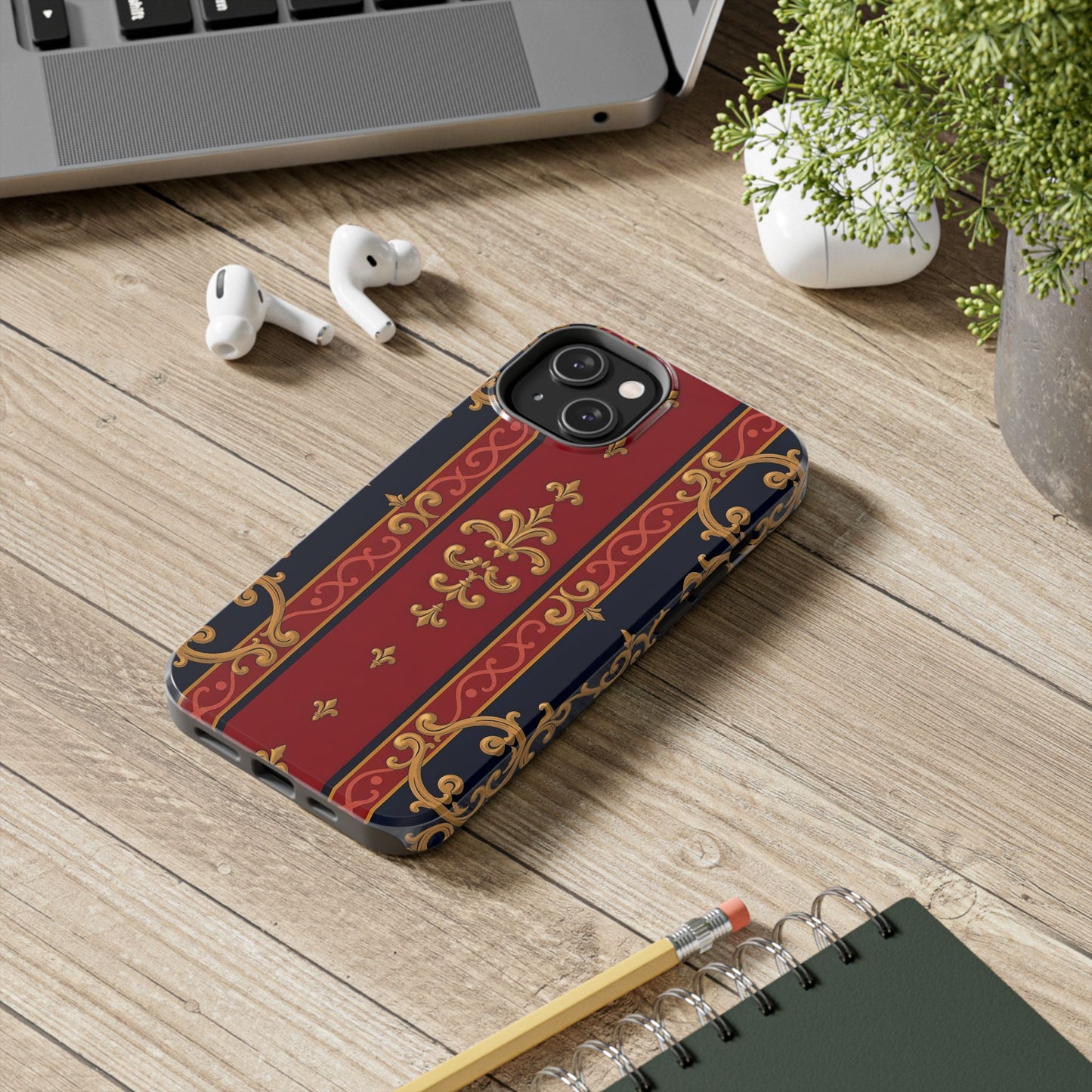 Elegant Vintage Phone Cases, Tough Phone Cover, Stylish Cell Phone Accessories, Durable Phone Protection - Midnight Blue & Dusk Red Gold Baroque