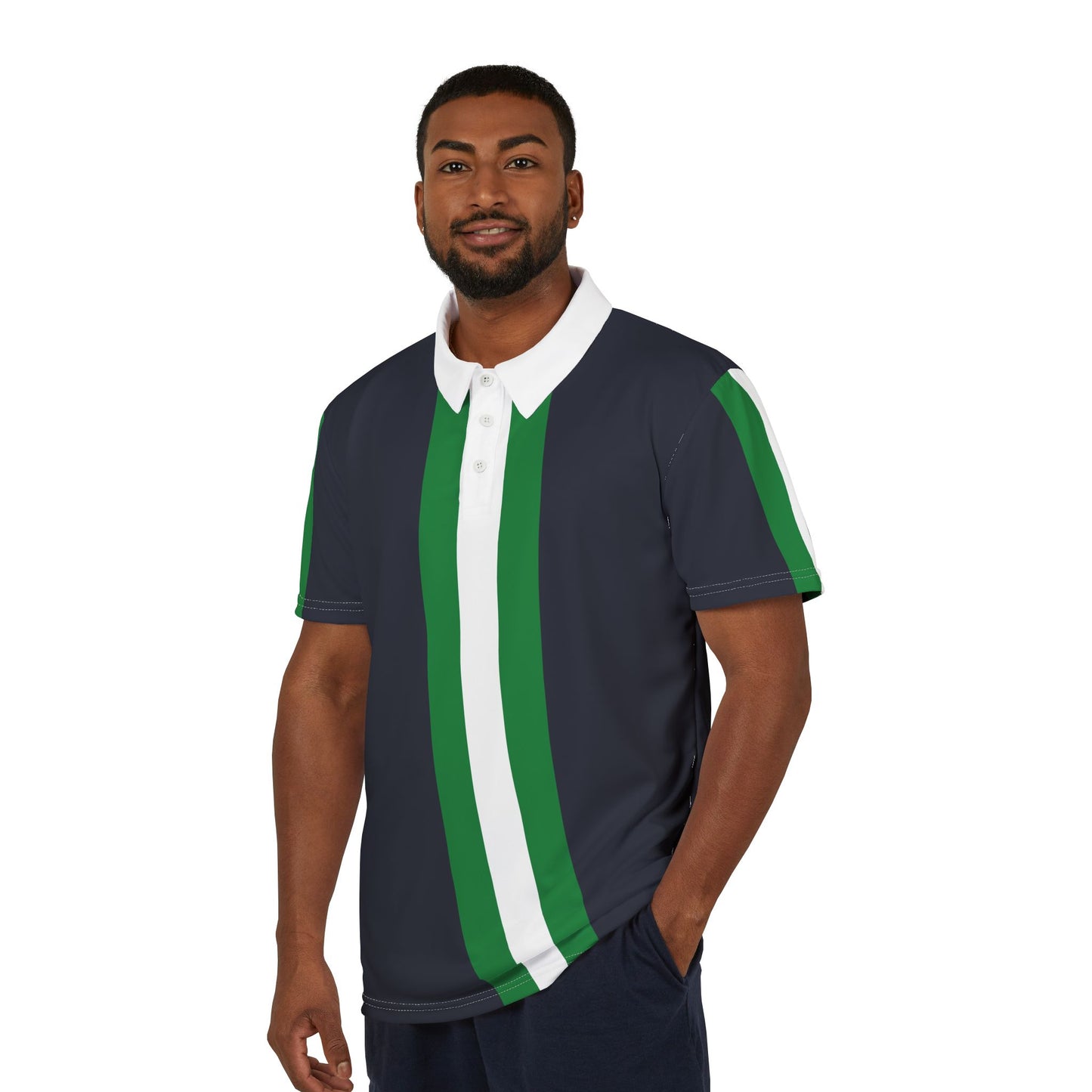 Lunar Midnight & Green-White Striped Stylish Unisex Polo Shirt - Sporty Vibe, Casual Wear, Perfect for Summer, Gift for Men and Women