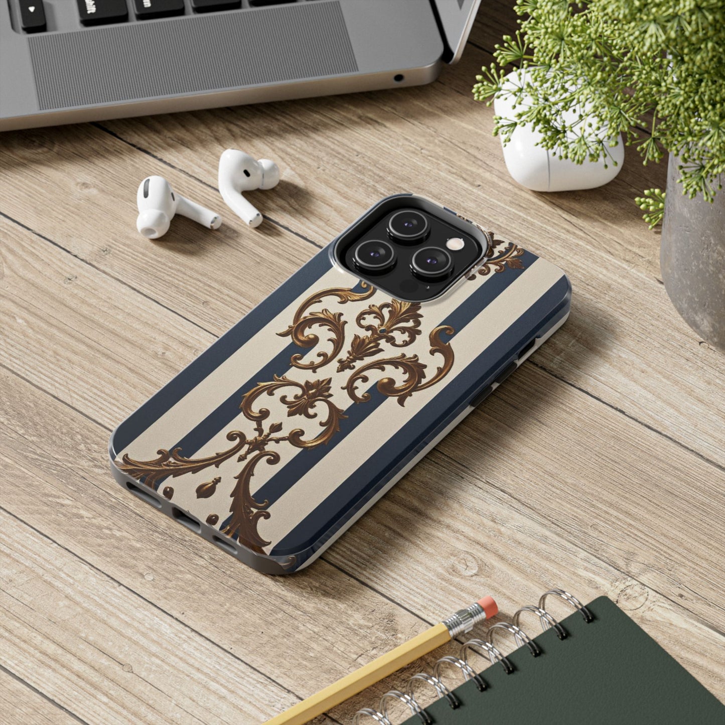 Damask Tough Phone Case - Alabaster & Blue Striped Damask