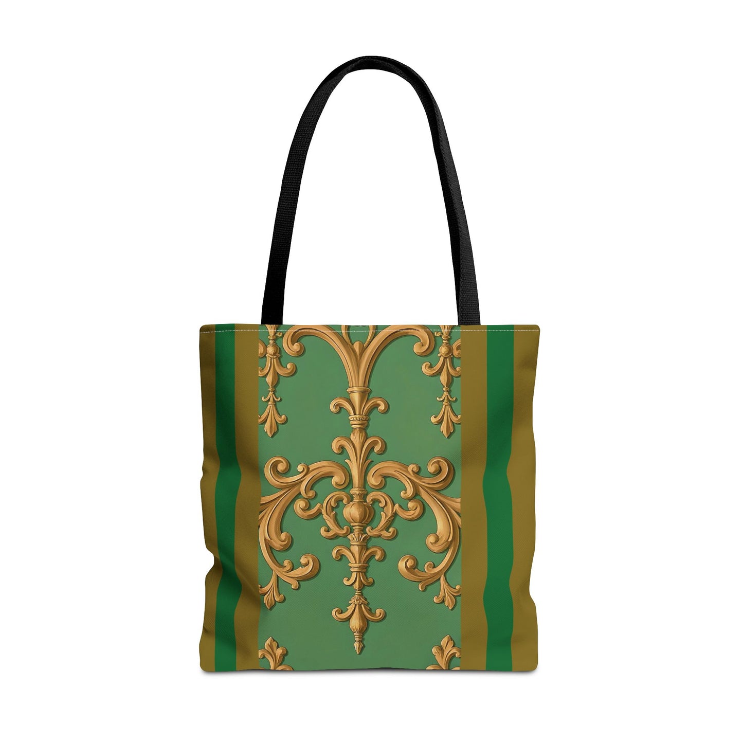 Ornate Floral Tote Bag, Chic Shopping Bag, Fashionable Eco Tote, Stylish Gift for Her, Versatile Everyday Use - Olive Green Striped Rococo