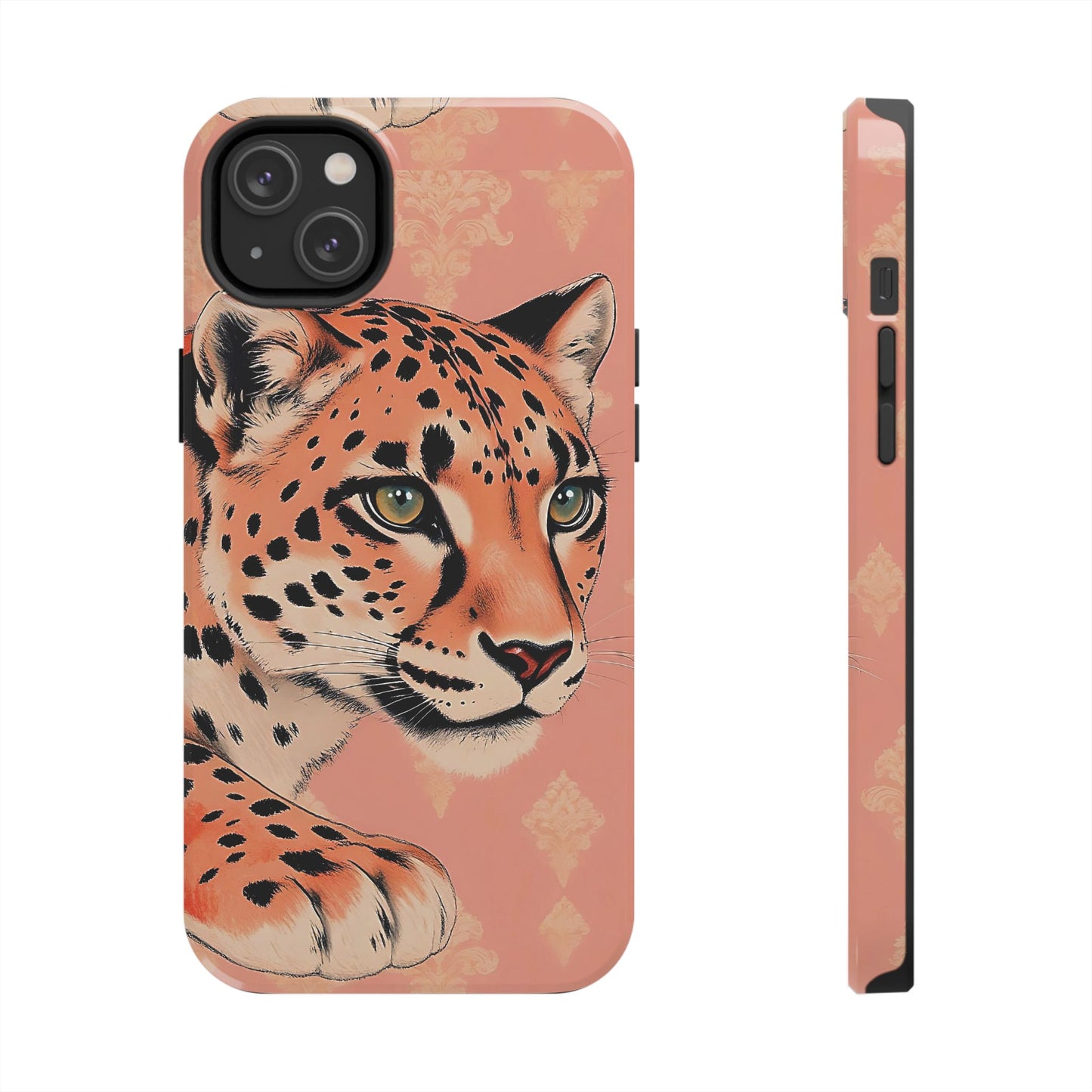 Leopard Tough Phone Case - Trendy Floral Motif Design for Animal Lovers - Peach Leopard & Damask