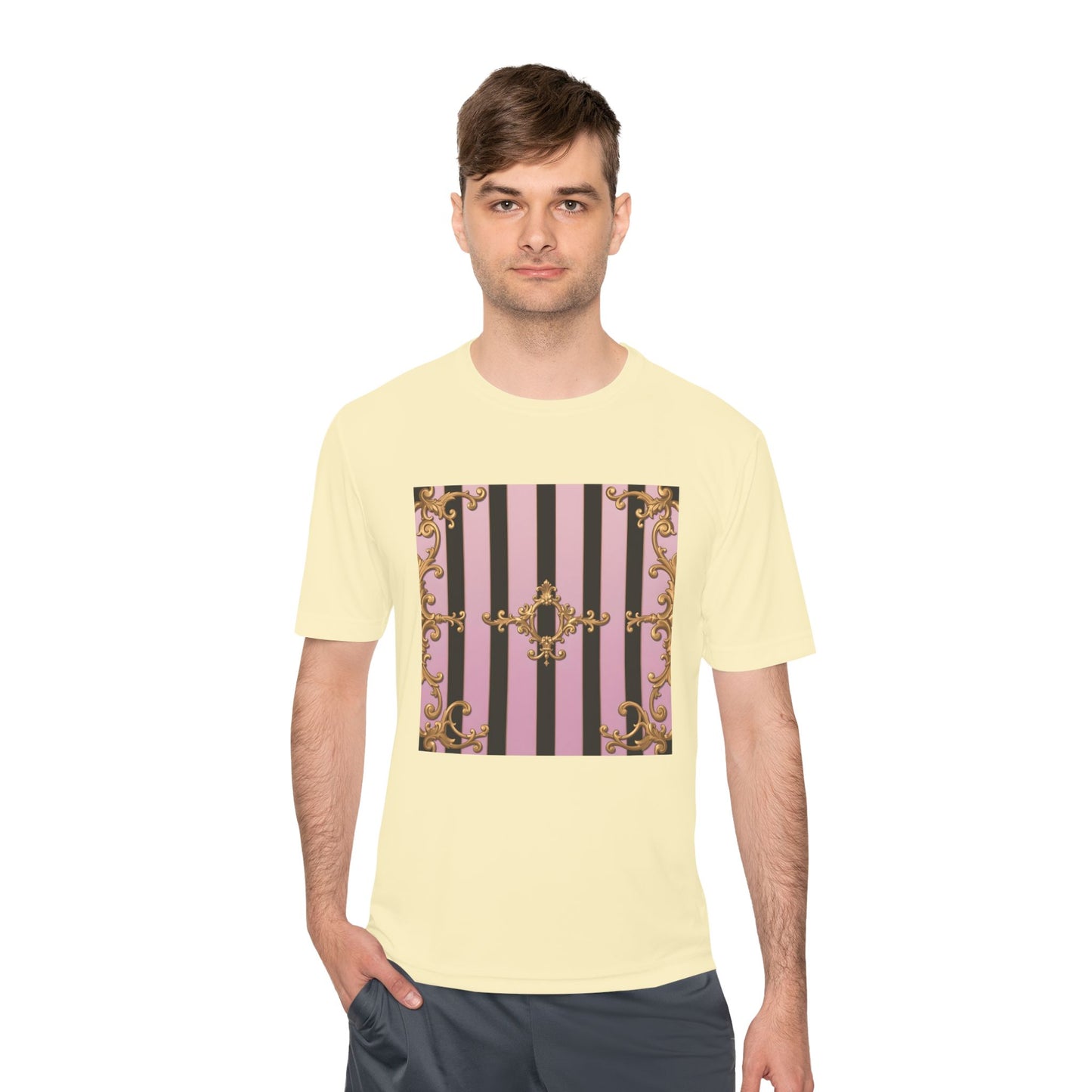 Elegant Striped Unisex Moisture Wicking Tee, Stylish Workout T-Shirt, Fashionable Athletic Top - Matte Lavender & Black Striped Gold Baroque