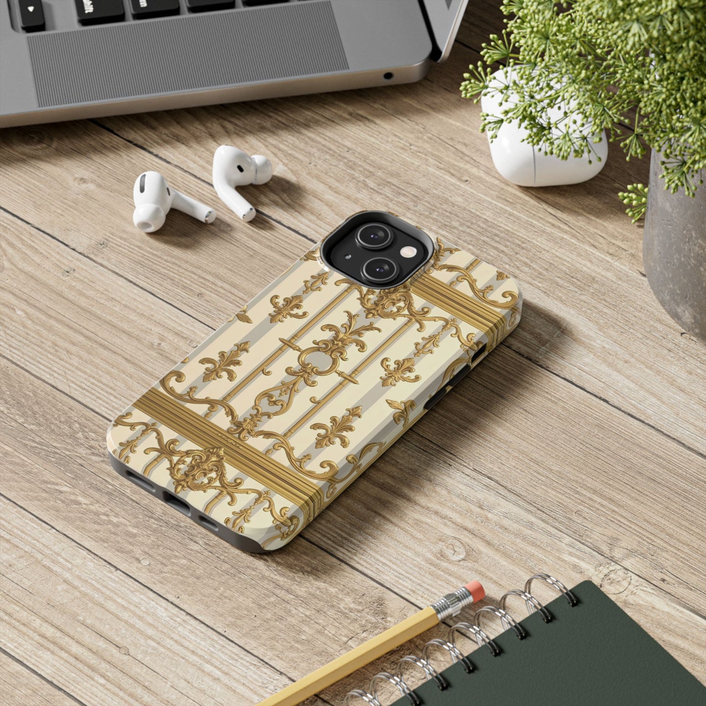 Elegant Gold Pattern Tough Phone Cases | Stylish Phone Covers, Trendy Cell Phone Accessories - Matte Gray & Cream Striped Gold Baroque