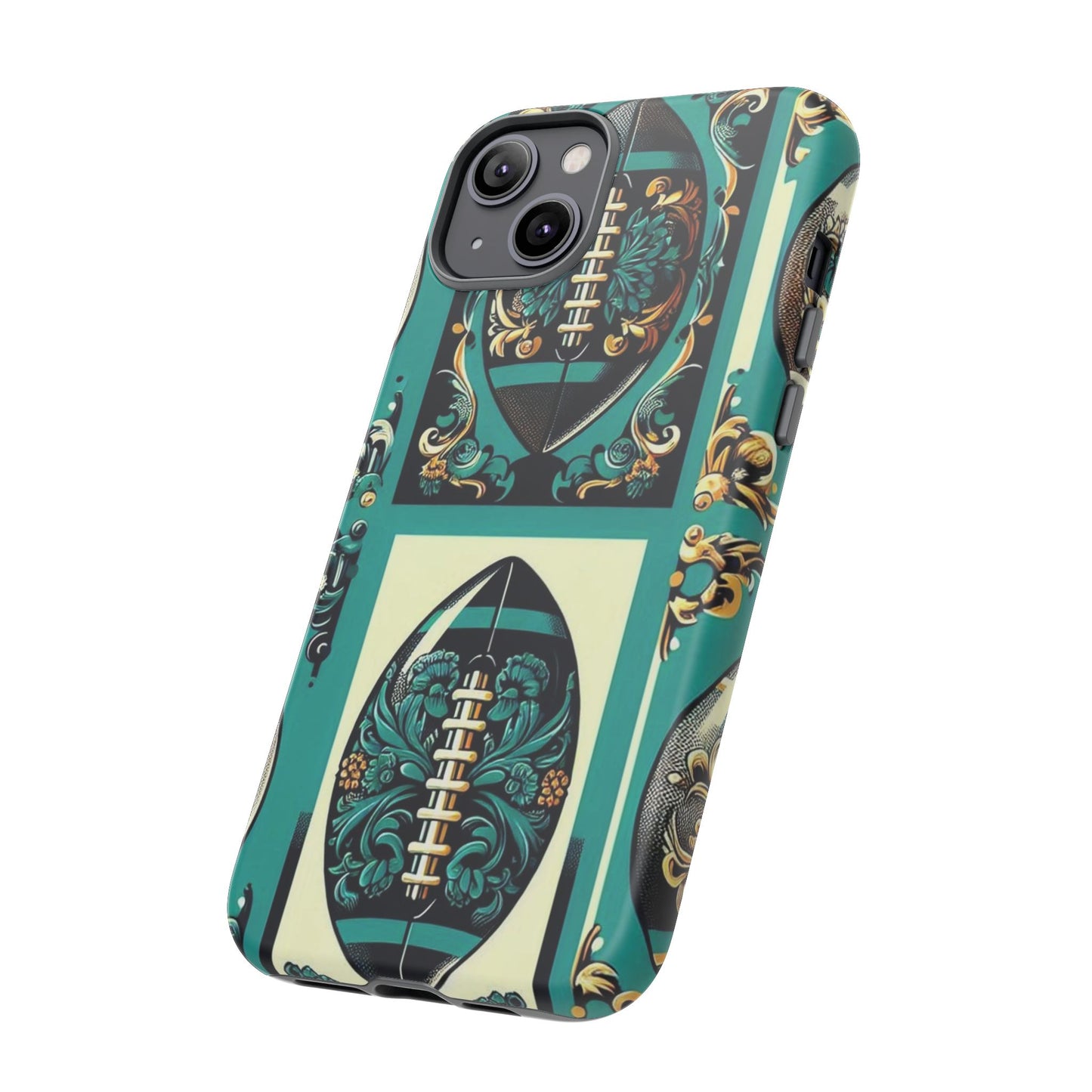 Elegant Floral Motif Phone Case - Tough Cases with Vintage Design -  Damask Teal, Gold & Black Footballs