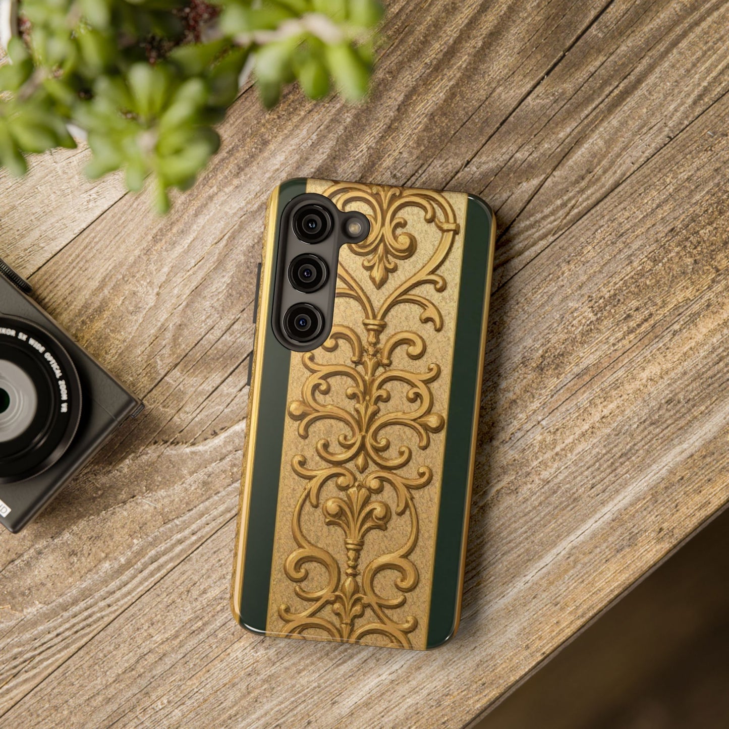 Elegant Teal Striped Gold Baroque Vintage Phone Case, Durable Cell Phone Cover, Floral Phone Protection, Personalized Gift Idea