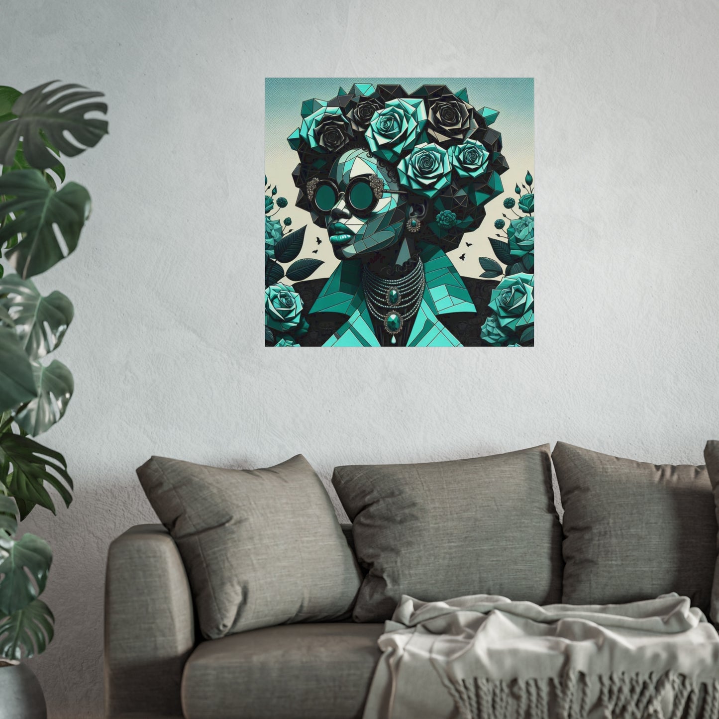 Chic Floral Fine Art Poster | Modern Wall Decor, Home Aesthetic, Gift for Art Lovers, Unique Room Makeover - Turquoise & Black Roses Lady