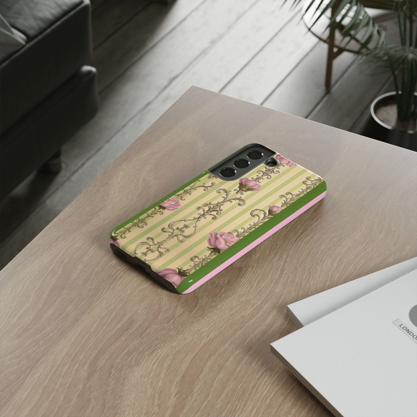 Elegant Floral Motif Phone Case - Tough Cases with Vintage Design - Lime Green & Pink Striped Damask
