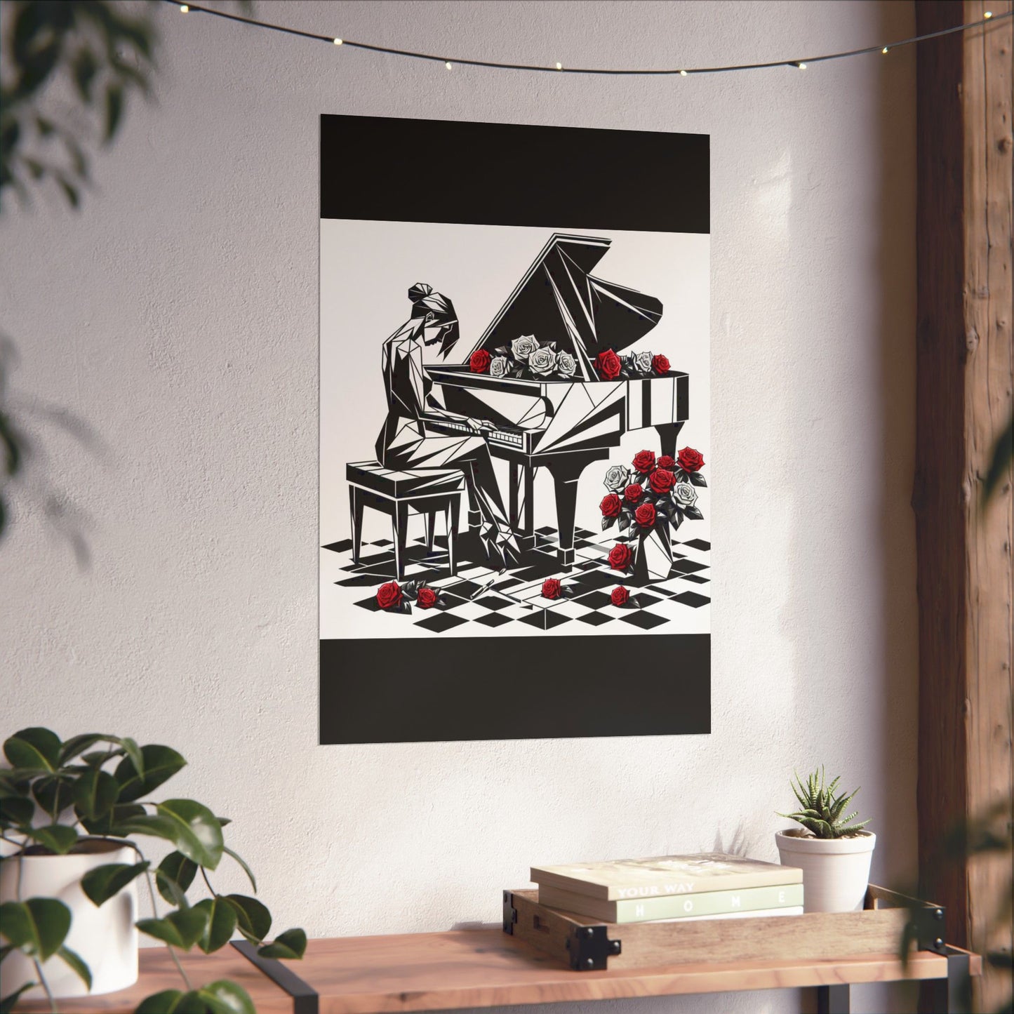 Vertical Poster - Black & White Grand Piano & Red Roses Design