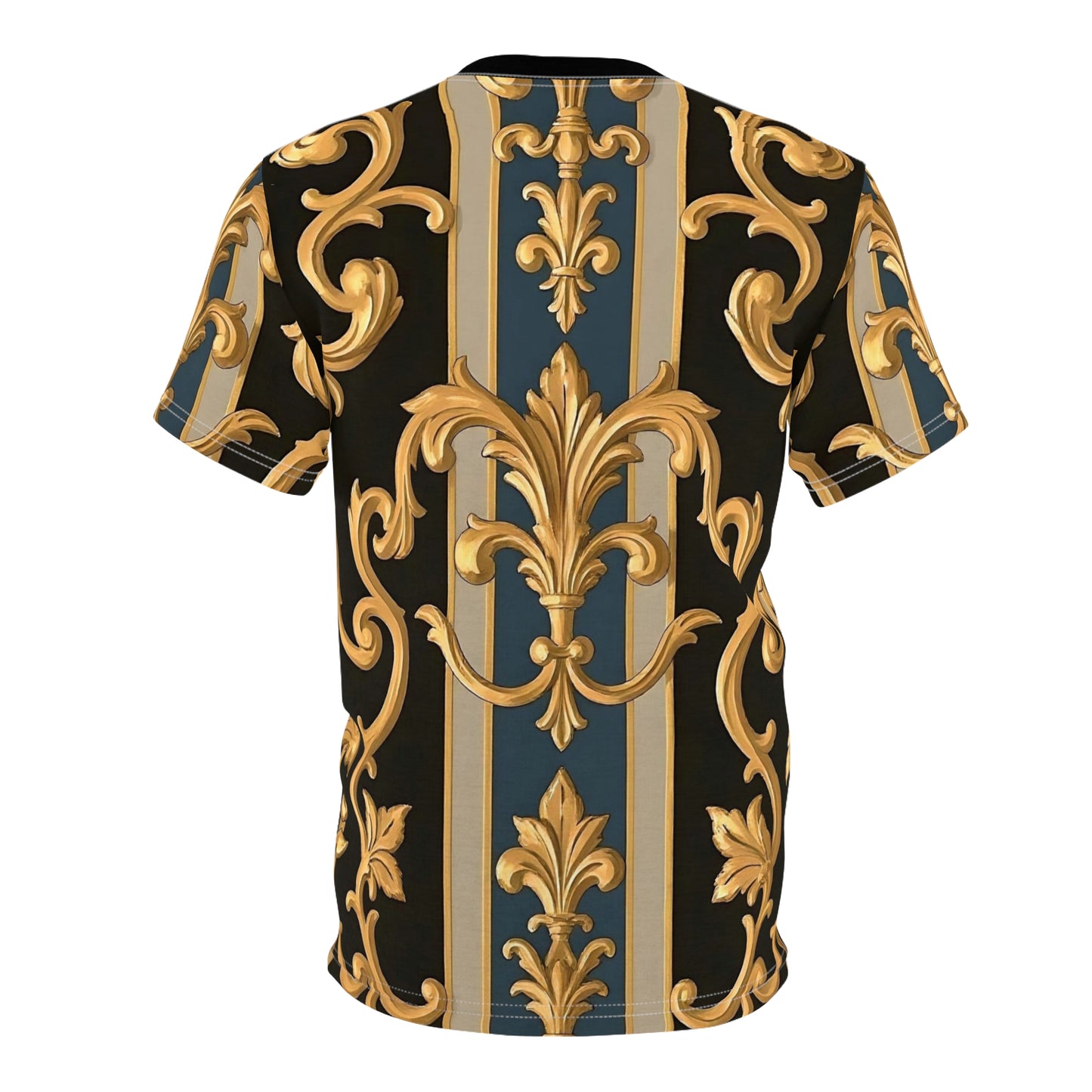 Luxurious Gold Pattern Tee, Stylish Graphic T-Shirt, Trendy Casual Wear, Fashionable Summer Top - Blue & Black Striped Rococo