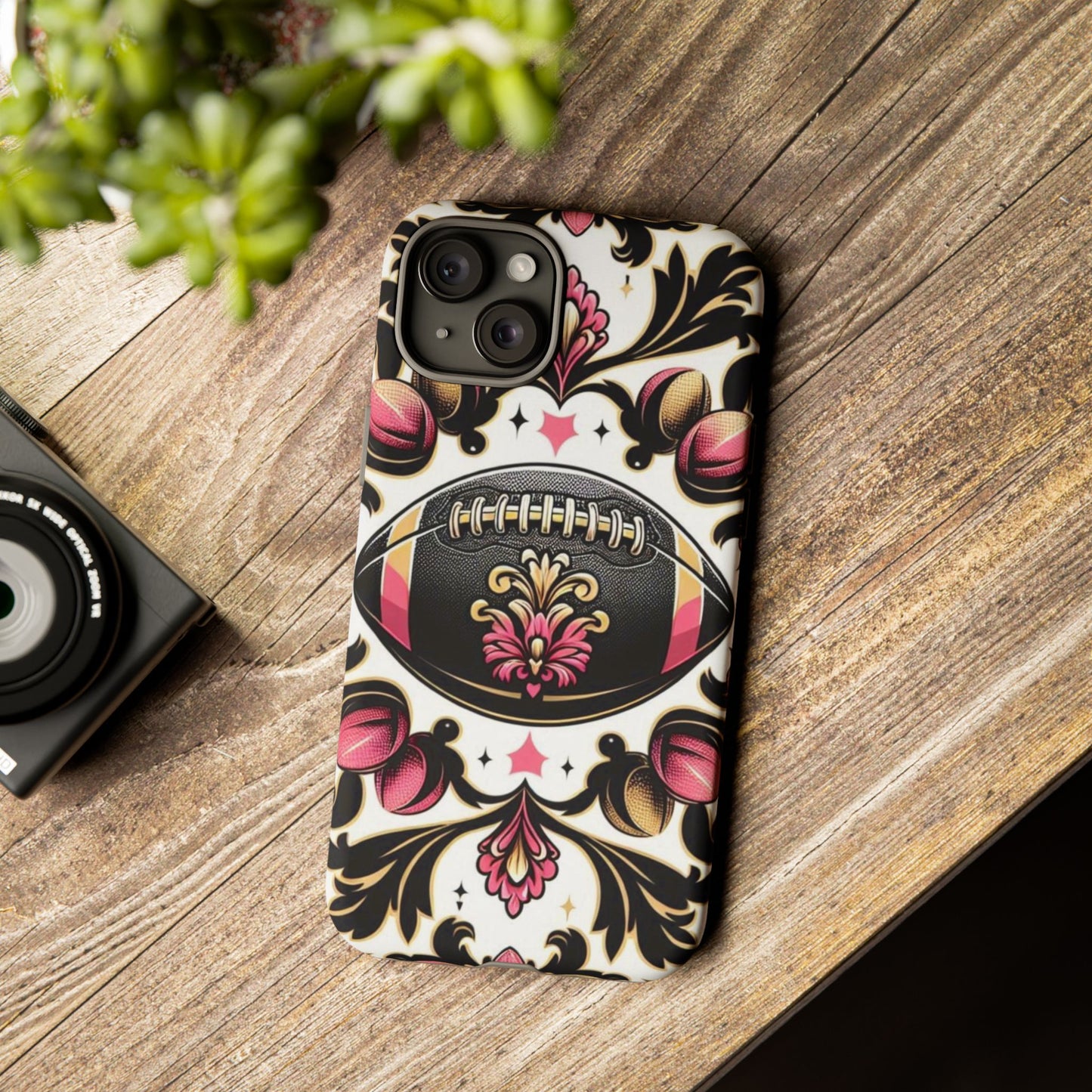 Elegant Floral Motif Phone Case - Tough Cases with Vintage Design - Damask White, Pink Gold & Black Football