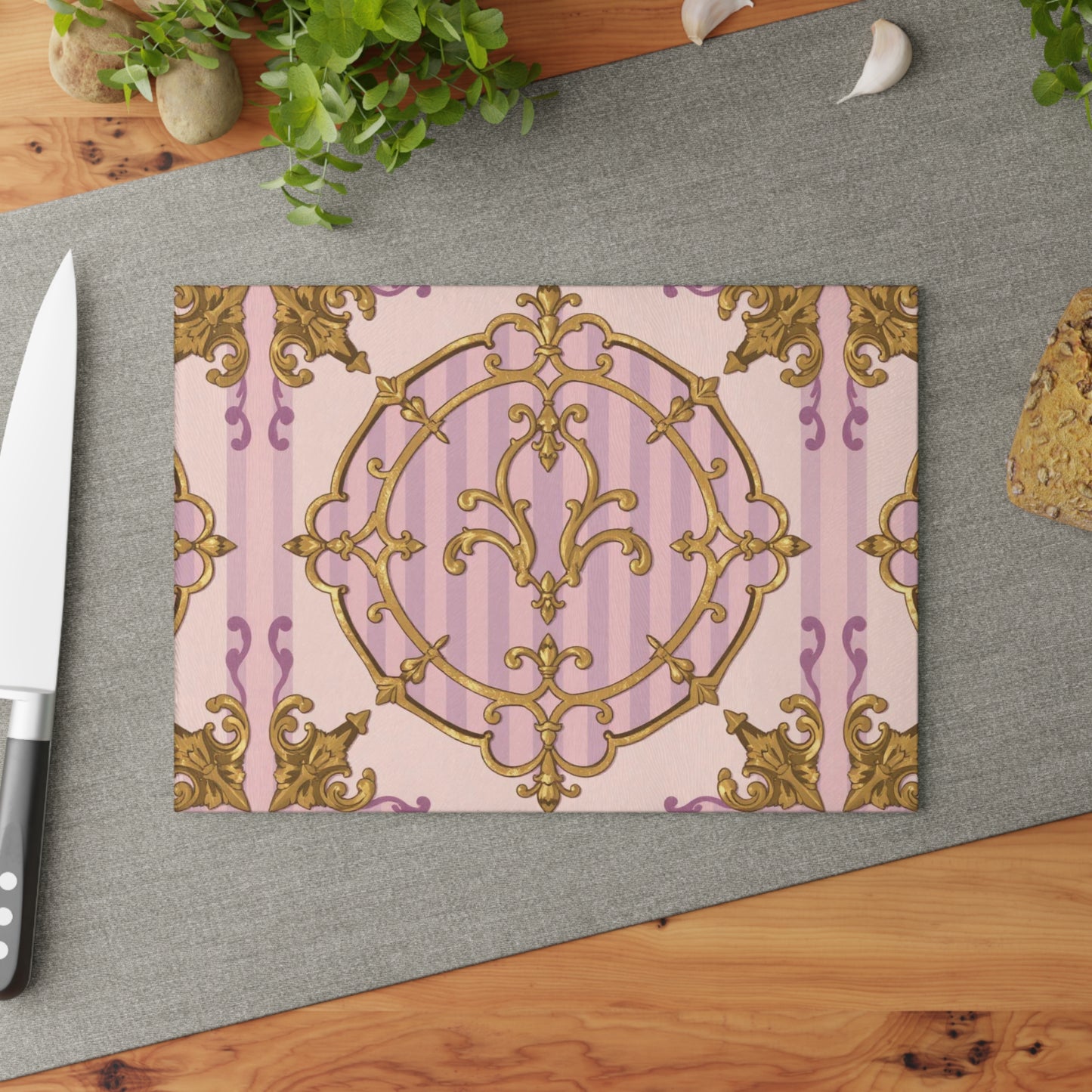 Lavender & Alabaster Striped Gold Baroque Design Glass Cutting Board, Elegant Kitchen Decor, Unique Gift for Home, Birthday, Wedding, Housewarming