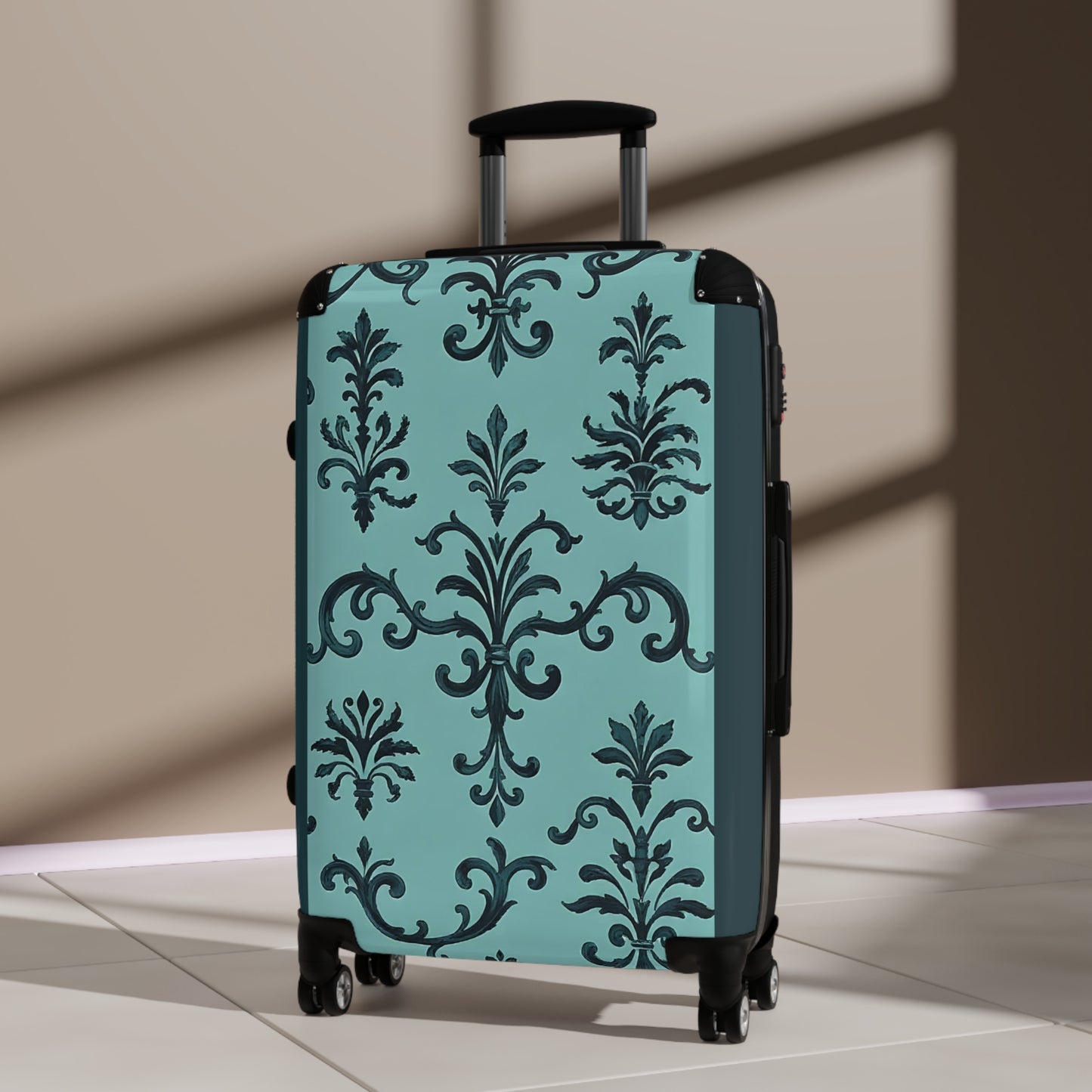 Elegant Damask Style Suitcase - Travel Luggage, Personalized Gift for Travelers, Stylish Carry-On for Vacations - Teal Striped Rococo