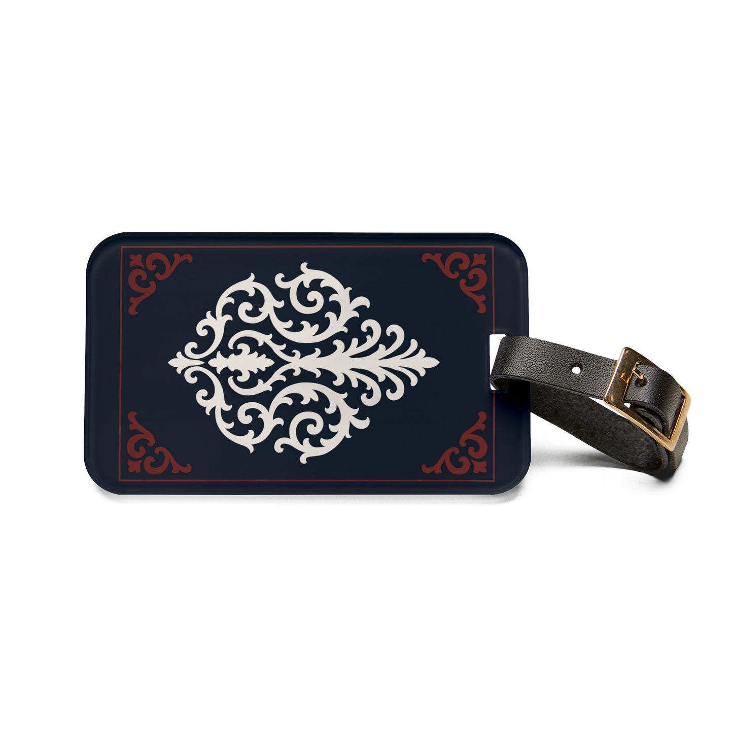 Dusk Blue-Maroon & White Baroque Luggage Tag — Vintage Dusk Blue & White Travel ID