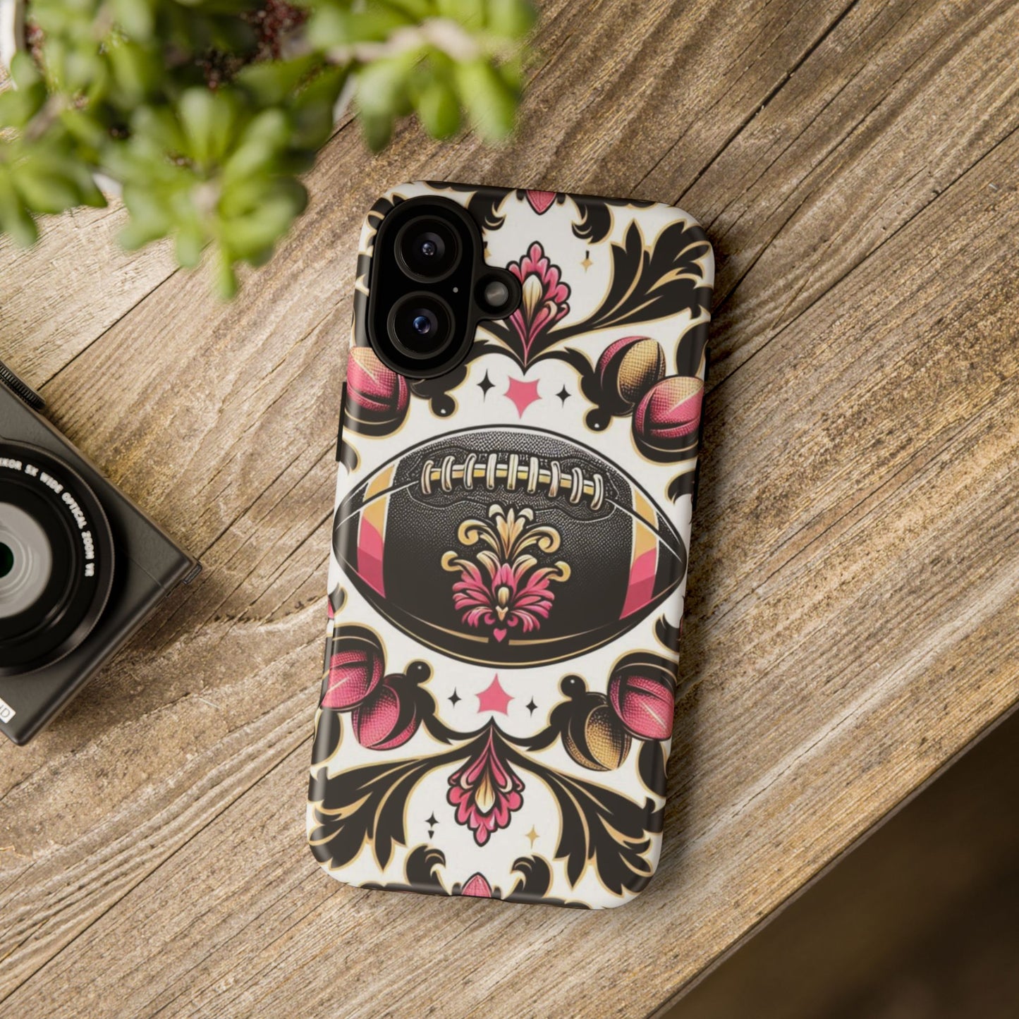 Elegant Floral Motif Phone Case - Tough Cases with Vintage Design - Damask White, Pink Gold & Black Football