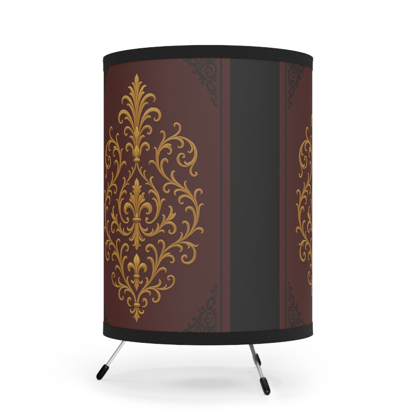 Dusk Burgundy-Black & Gold Baroque Tripod Lamp — Vintage Gold Baroque Printed Shade (US/CA Plug)