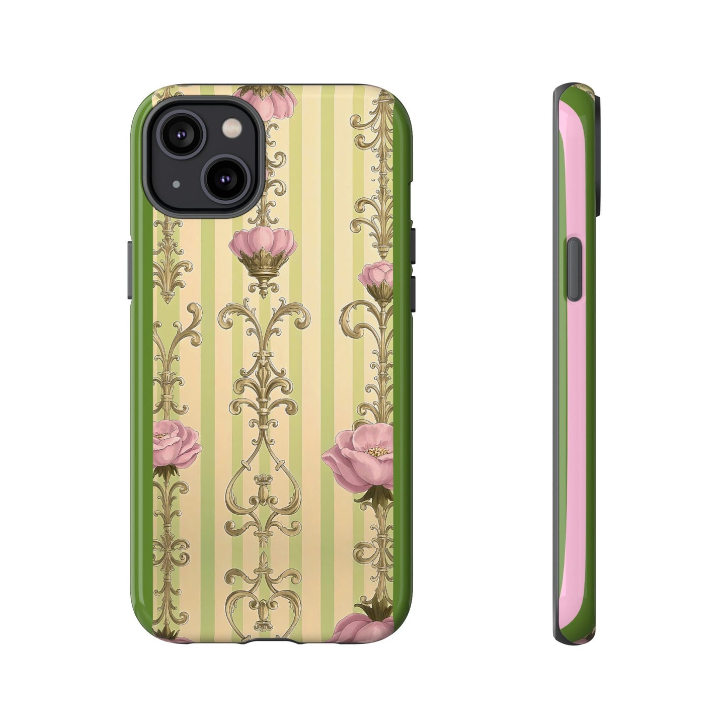 Elegant Floral Motif Phone Case - Tough Cases with Vintage Design - Lime Green & Pink Striped Damask