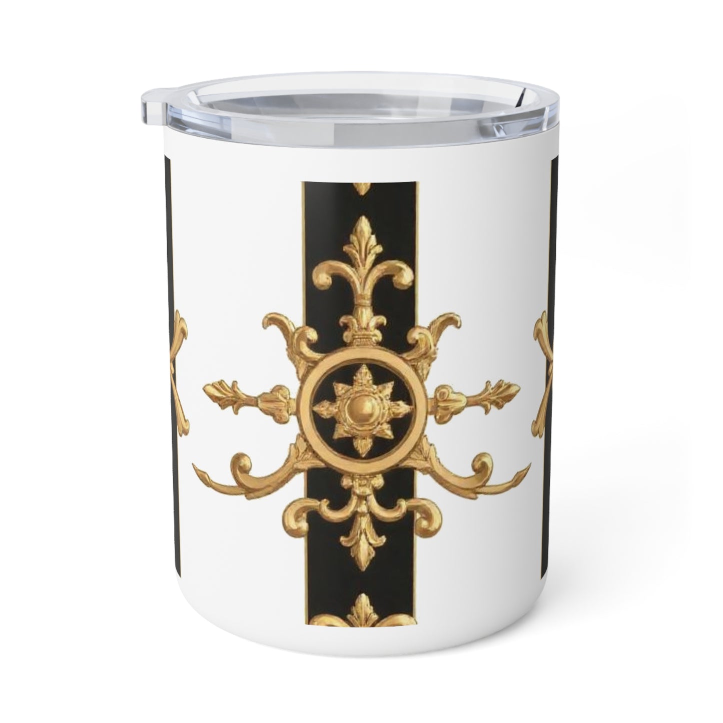 Elegant Insulated Coffee Mug, 10oz | Luxury Travel Mug, Gold Accent Drinkware, Stylish Gift for Coffee Lovers - Black & White Striped Gold Baroque