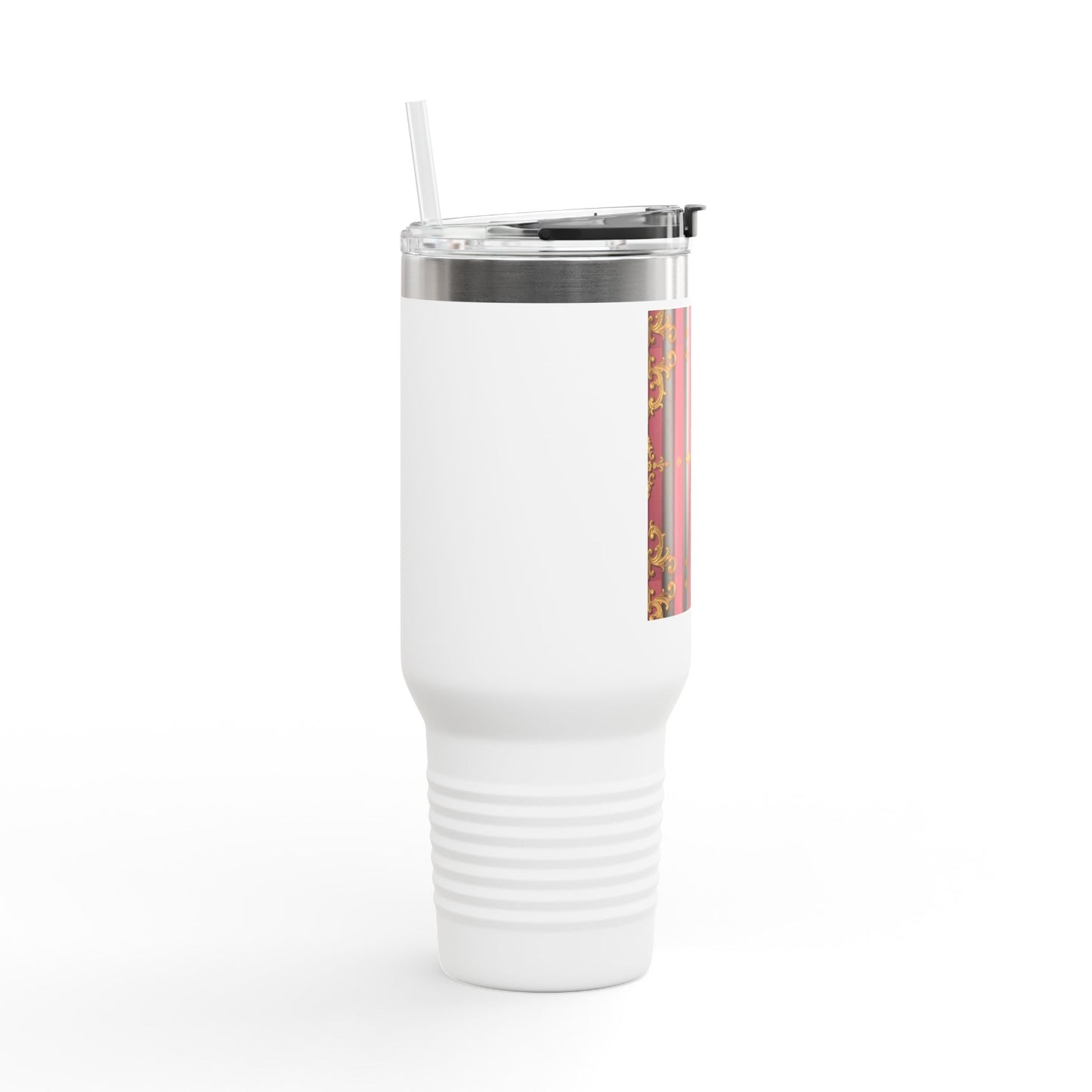 Elegant Black & Mauve Striped Gold Baroque Insulated Travel Mug, 40oz | Stylish Striped Travel Cup | Perfect for On-the-Go | Great Road Trips, and Work