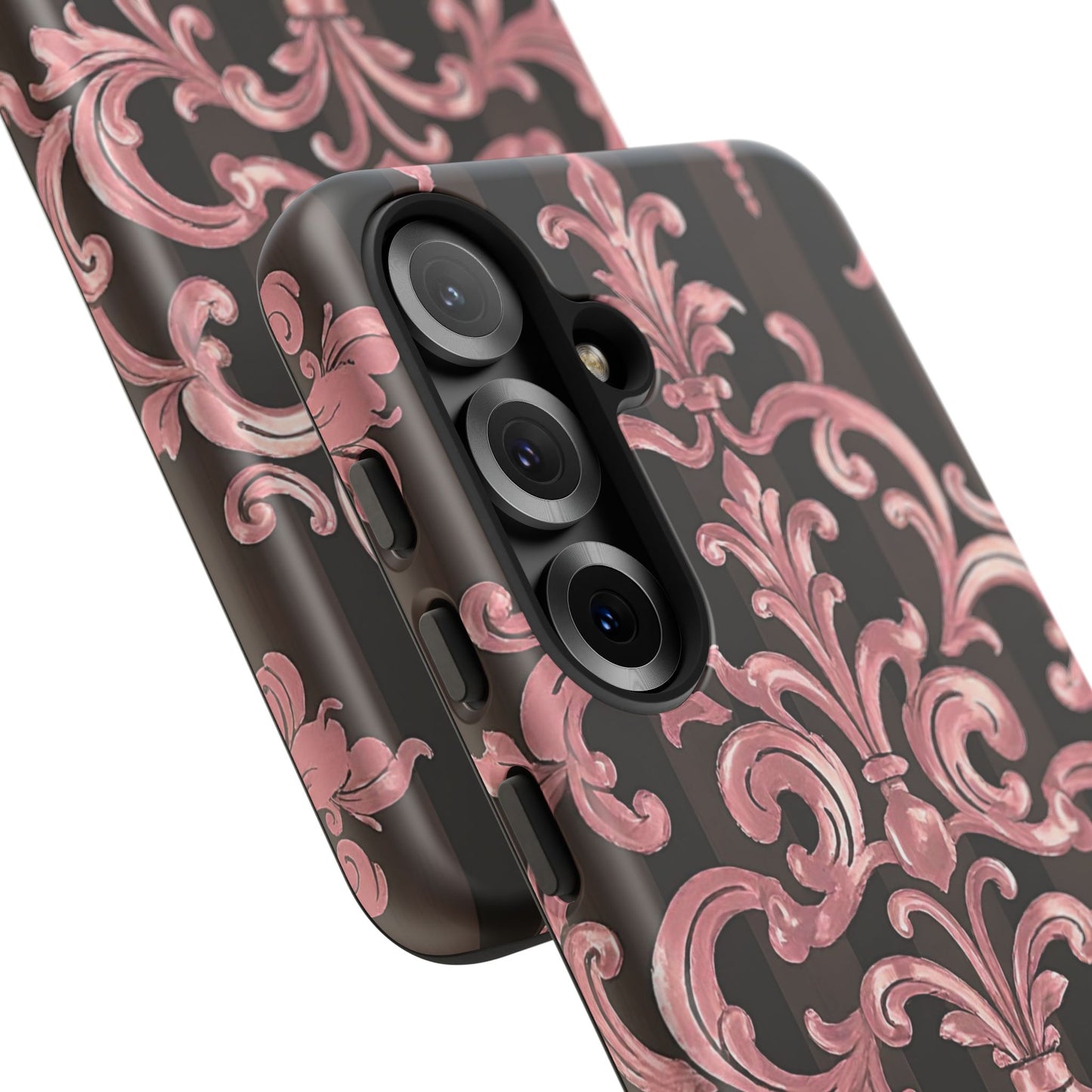 Elegant Floral Motif Phone Case - Tough Cases with Vintage Design - Brown Striped Mauve Damask