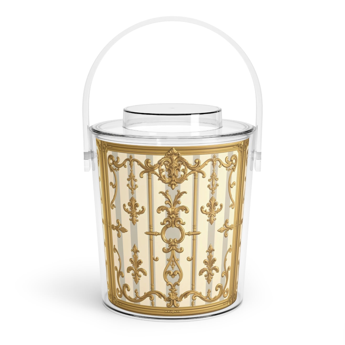 Elegant Gold-Patterned Ice Bucket with Tongs, Sophisticated Drink Chiller, Party Essential, Home Bar Decor - Matte Gray & Cream Striped Gold Baroque