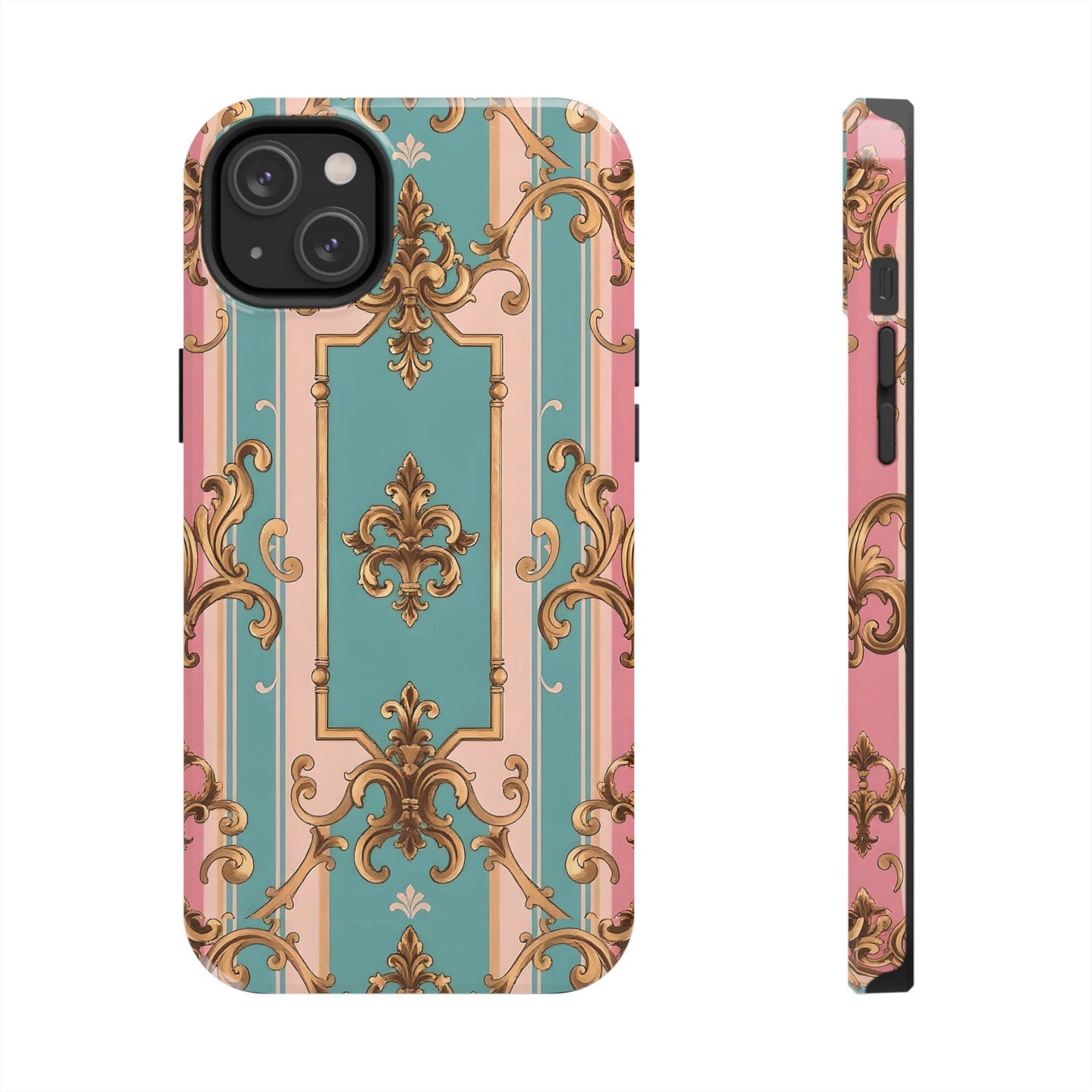 Elegant Floral Tough Phone Case, Artistic Phone Cover, Gift for Her, Chic Phone Accessory - Pink & Matte Turquoise Striped Rococo