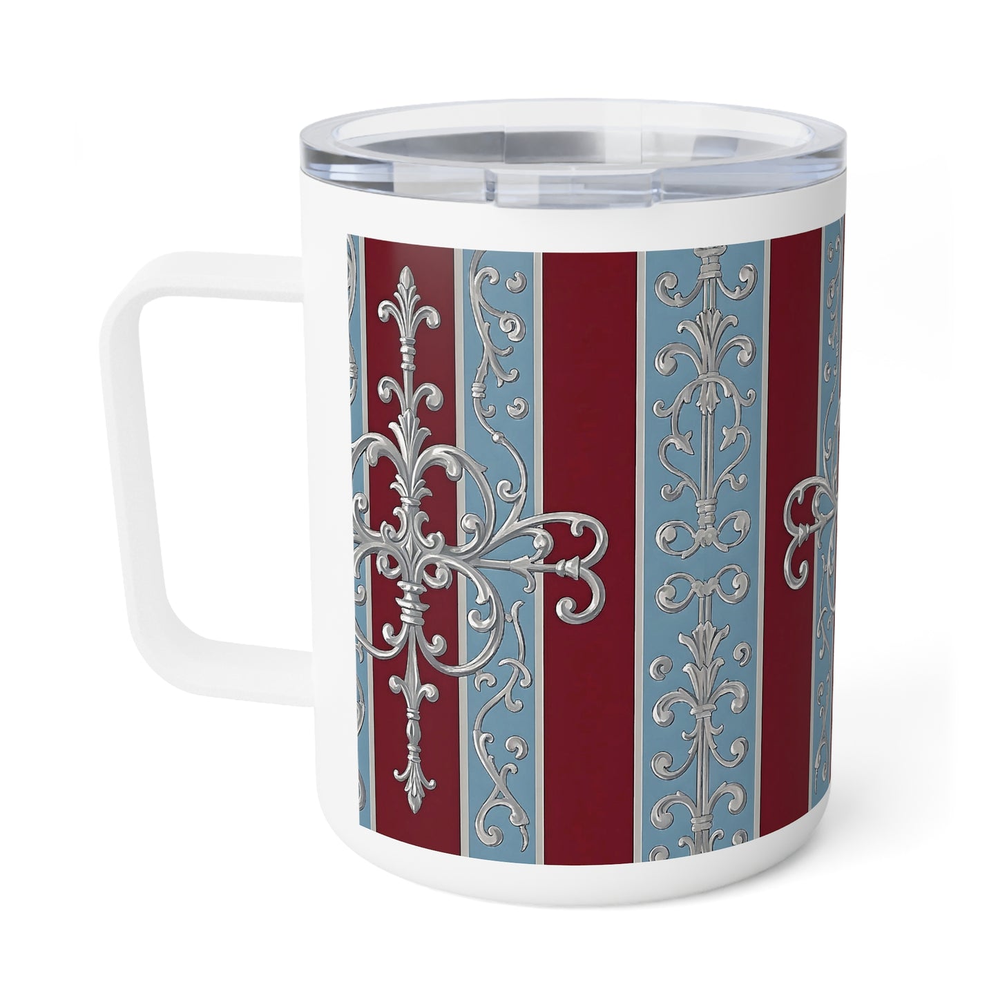 Elegant Insulated Coffee Mug - 10oz Decorative Travel Cup - Ice Blue & Burgundy Striped Baroque
