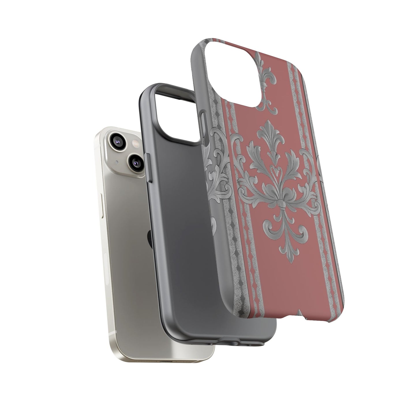 Elegant Floral Phone Case - Tough Cases for Stylish Protection - Gray & Mauve Striped Baroque