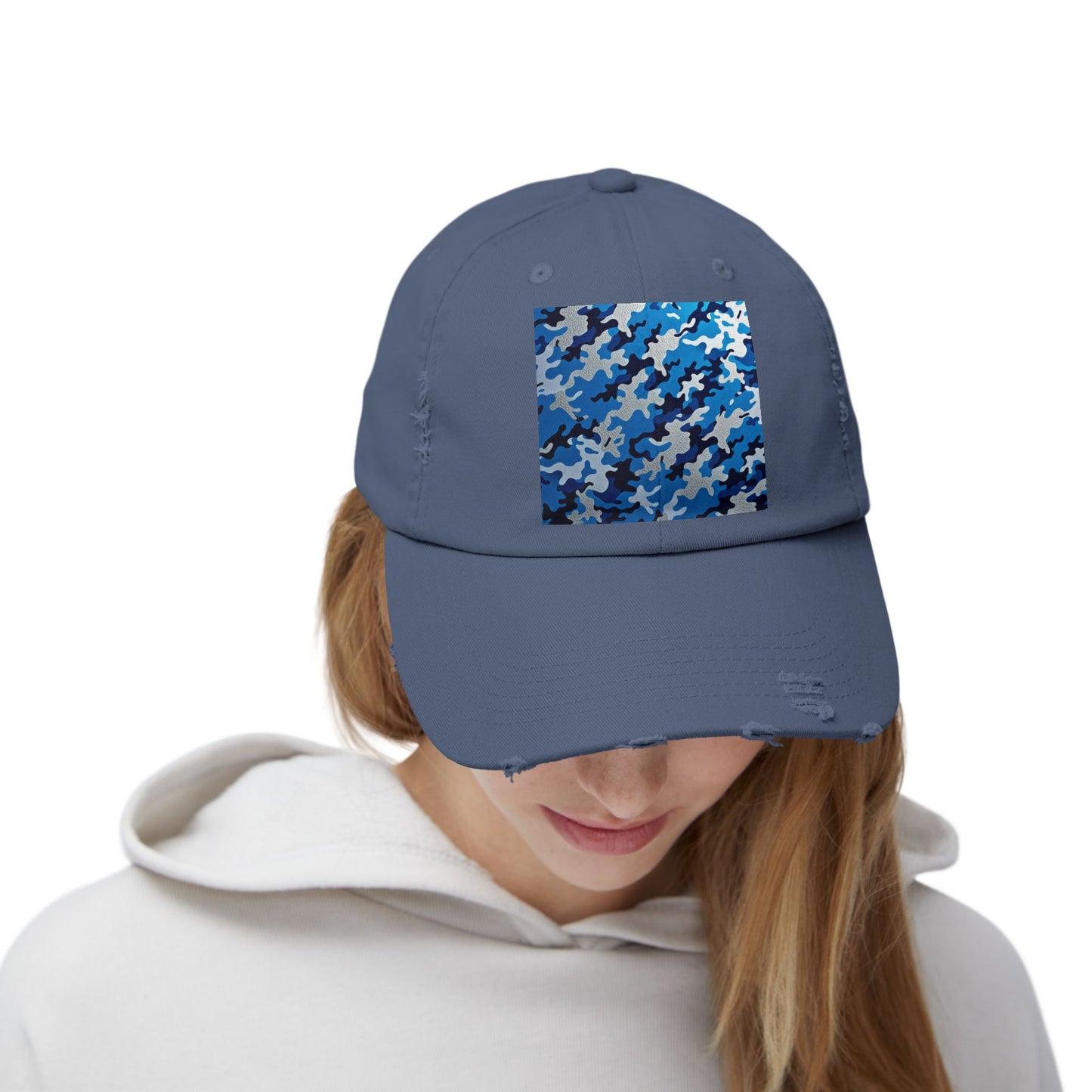 Stylish Unisex Distressed Cap, Casual Summer Hat, Trendy Gift for Him/Her, Comfortable Everyday Accessory - Blue Camo