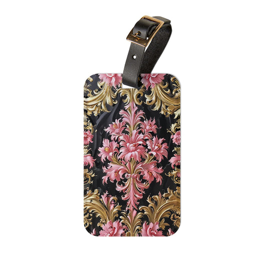 Elegant Floral Luggage Tag | Travel Accessory, Personalized Gift, Decorative ID Tag, Vacation Essentials - Black & Pink Oil Painting Style Rococo