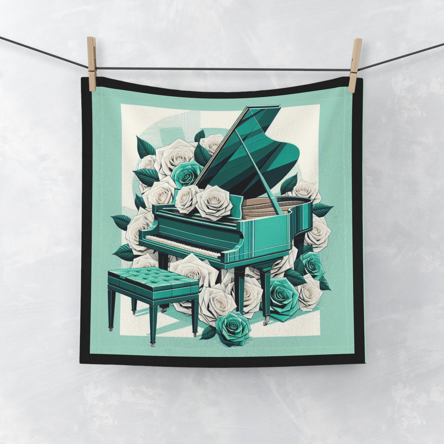 Elegant Aqua Piano and Roses Face Towel - Perfect for Music Lovers and Home Decor, Ideal Gift for Birthdays and Celebrations