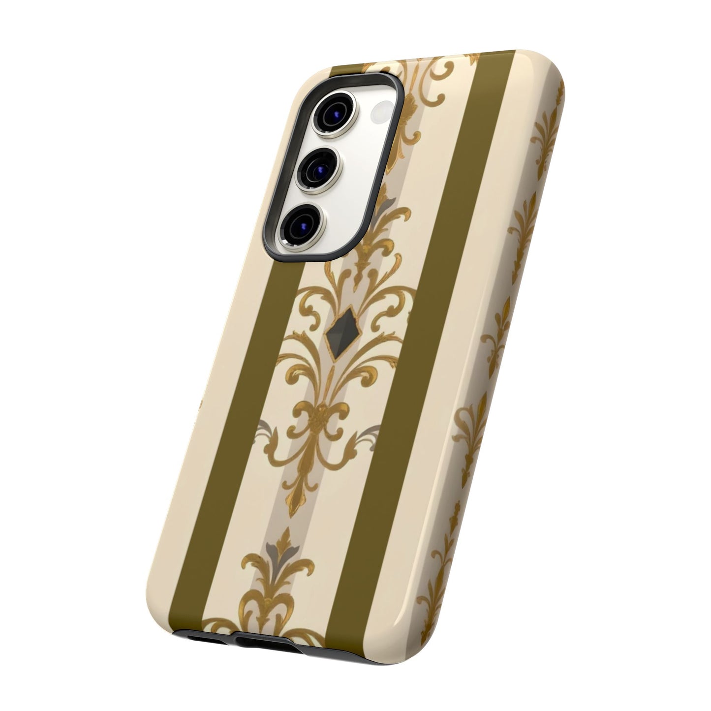 Elegant Floral Motif Phone Case - Tough Cases with Vintage Design - Olive Striped Gold Damask