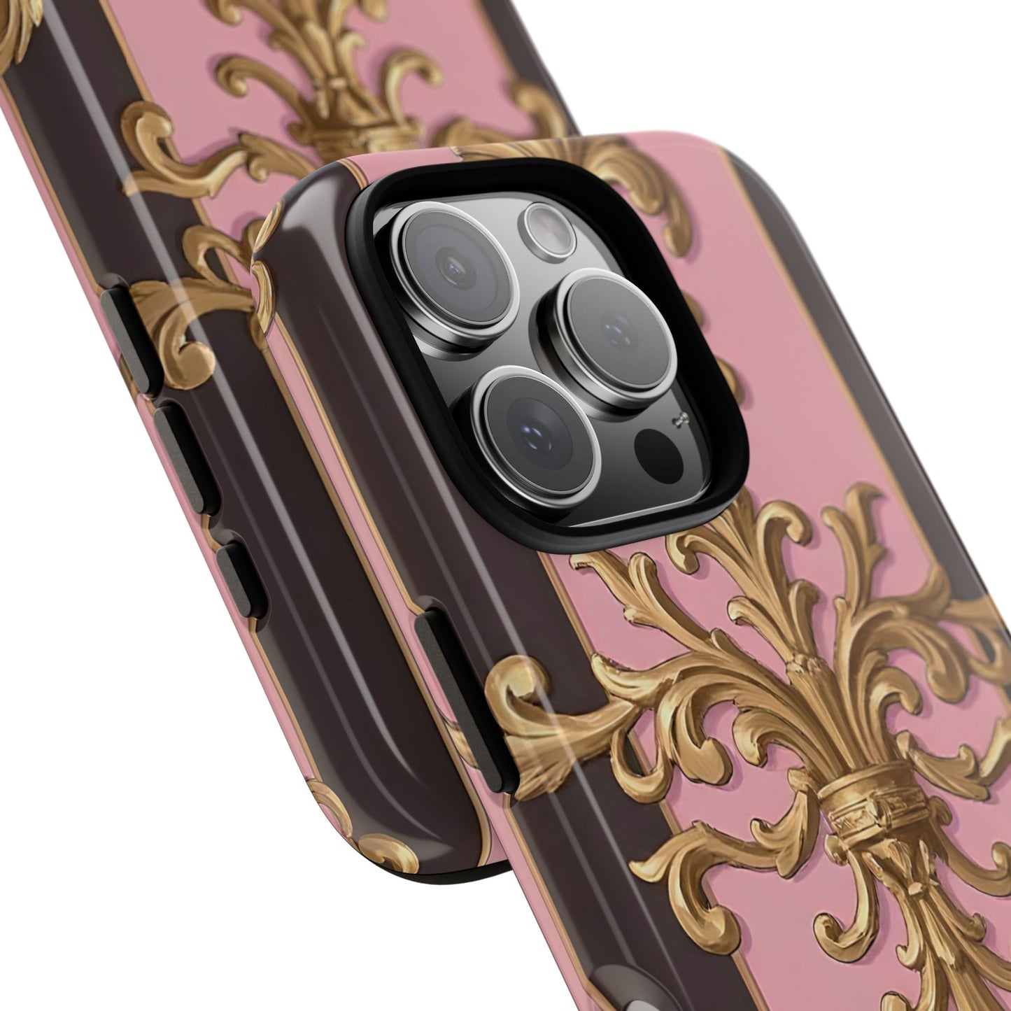 Elegant Floral Motif Phone Case - Tough Cases with Vintage Design - Pink & Brown Striped Gold Damask