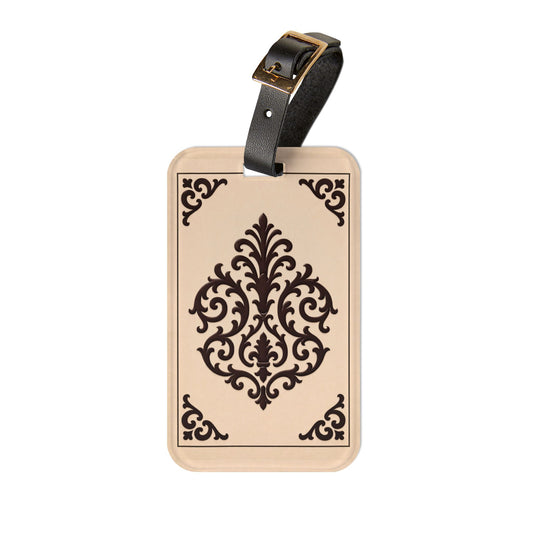 Almond-Beige & Brown Baroque Luggage Tag – Elegant Monogram-Style Travel ID