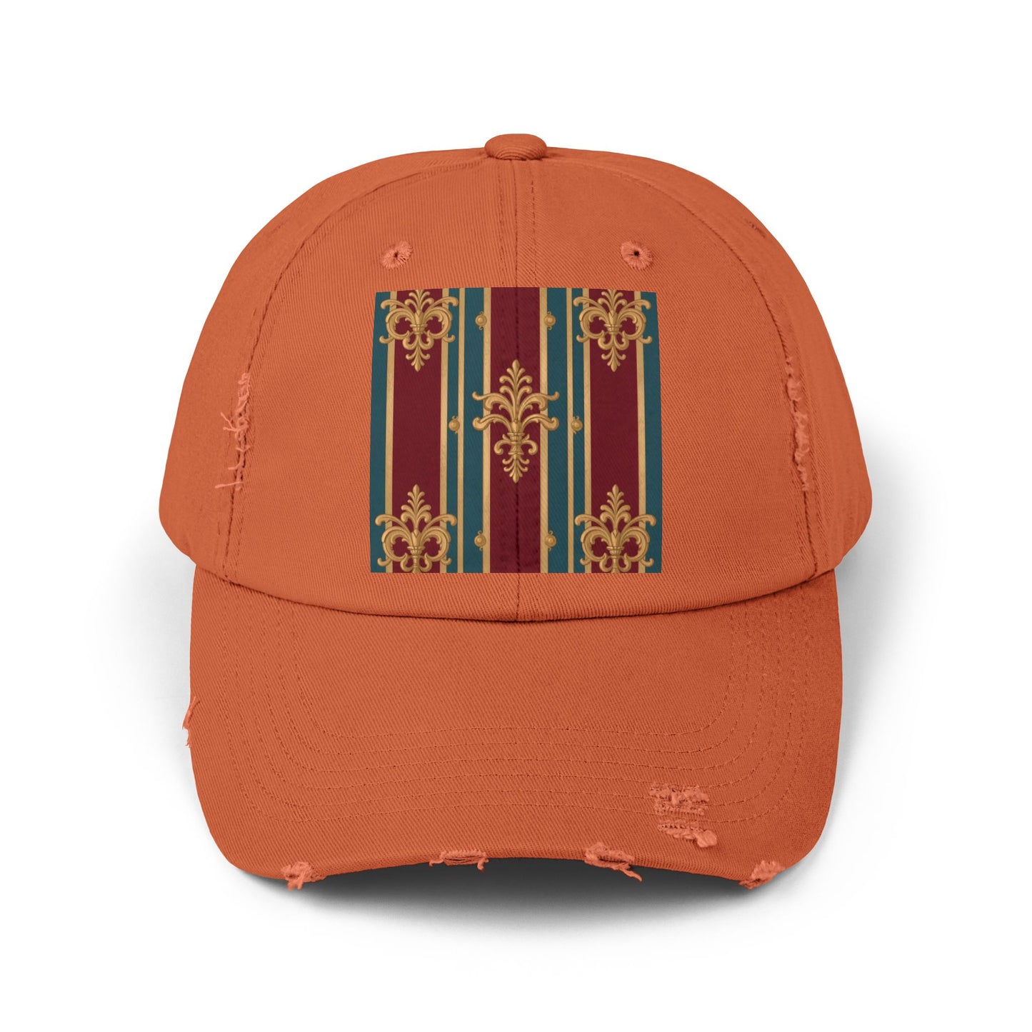 Stylish Unisex Distressed Cap with Vintage Striped Design, Casual Wear, Outdoor Activities, Gift for Him/Her - Burgundy Striped Gold Baroque