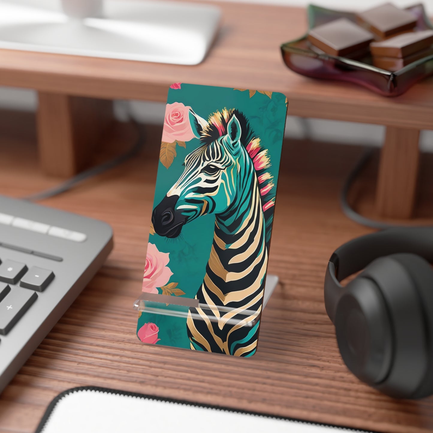 Smartphone Stand - Elegant Zebra Design - Teal & Gold Zebra & Roses Decorative Holder