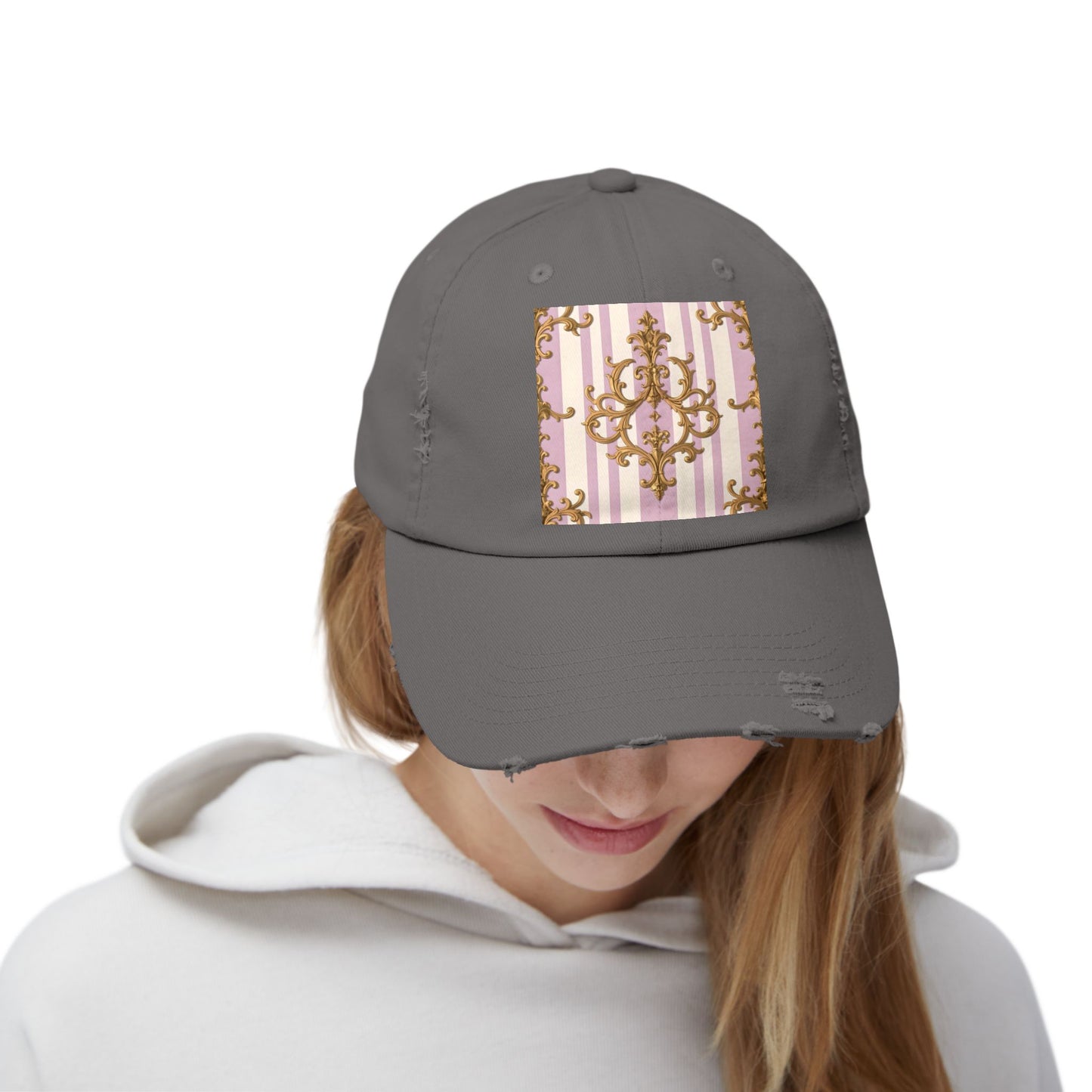 Chic Distressed Cap with Elegant Design | Trendy Accessory, Gift for Fashion Lovers, Perfect for Casual Outings - Lilac & Alabaster Striped Gold Baroque