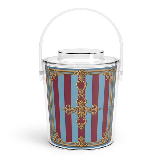 Chic Vintage Ice Bucket with Tongs, Elegant Barware, Party Essential, Stylish Beverage Cooler, Home Decor - Sky Blue & Maroon Striped Baroque